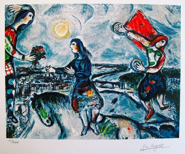 Marc Chagall LOVERS OVER PARIS Facsimile Signed Limited Edition Giclee: This is a Marc Chagall limited edition giclee titled “LOVERS OVER PARIS”. This giclee is facsimile signed on the lower right and is pencil numbered on the lower left from an edition of 375. Pa