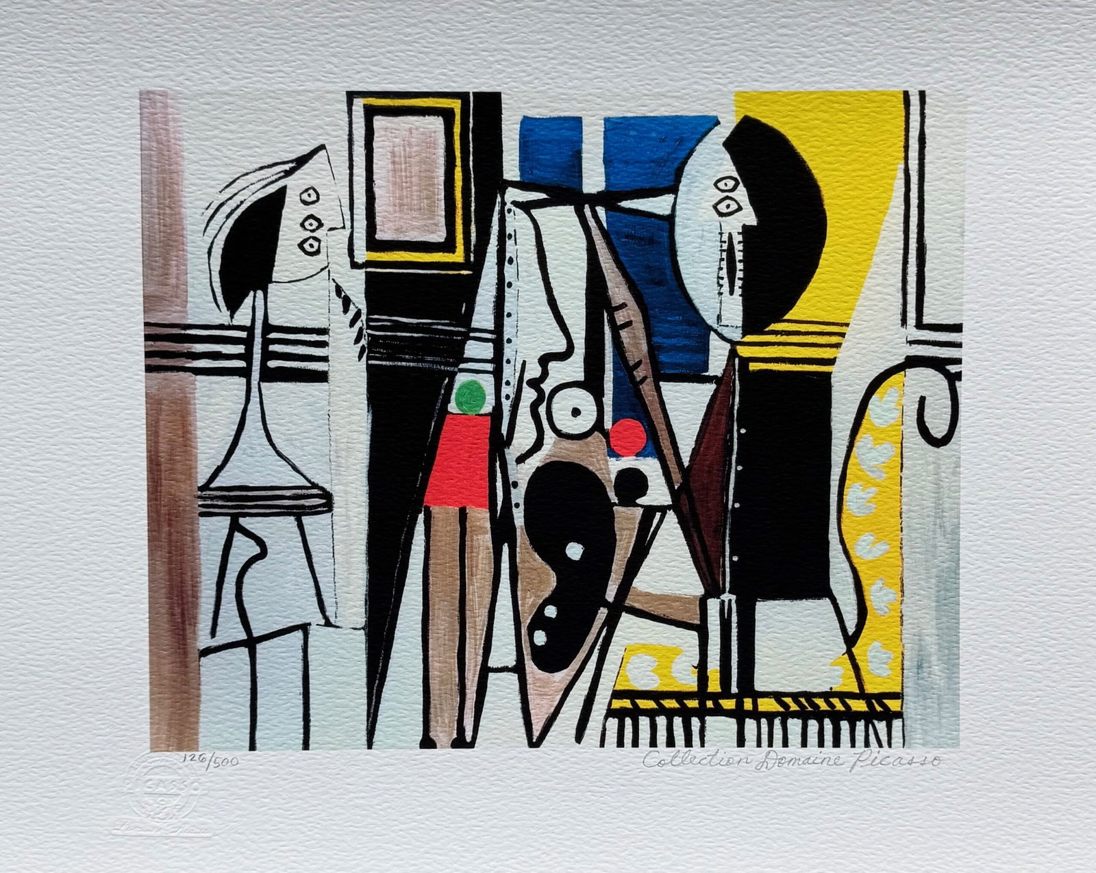 Pablo Picasso PAINTER IN THE STUDIO Estate Signed Giclee: This is a PABLO PICASSO (ESTATE COLLECTION DOMAINE) (1881-1973) giclee titled “PAINTER IN THE STUDIO”. This piece is pencil hand signed on the lower right as ‘Collection Domaine Picasso’ a