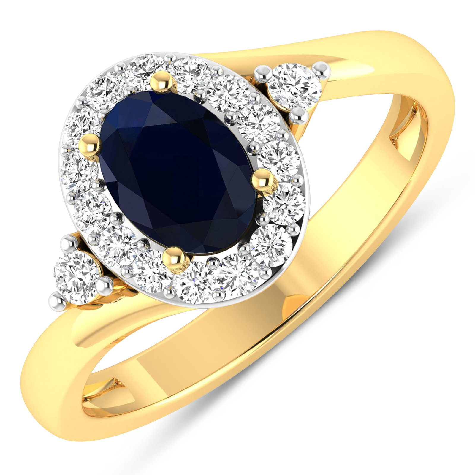14KT Yellow Gold 0.75ctw Blue Sapphire and Diamond Ring: Blue Sapphire (AA) Oval 7x5mm - 1Pc + White Diamond F/C Round 2.00mm - 2Pcs + White Diamond F/C Round 1.50mm - 15Pcs ( White Pan Rhodium ) ( I1-I2/I color ) Total weight of gemstone is 0.75cts. Total