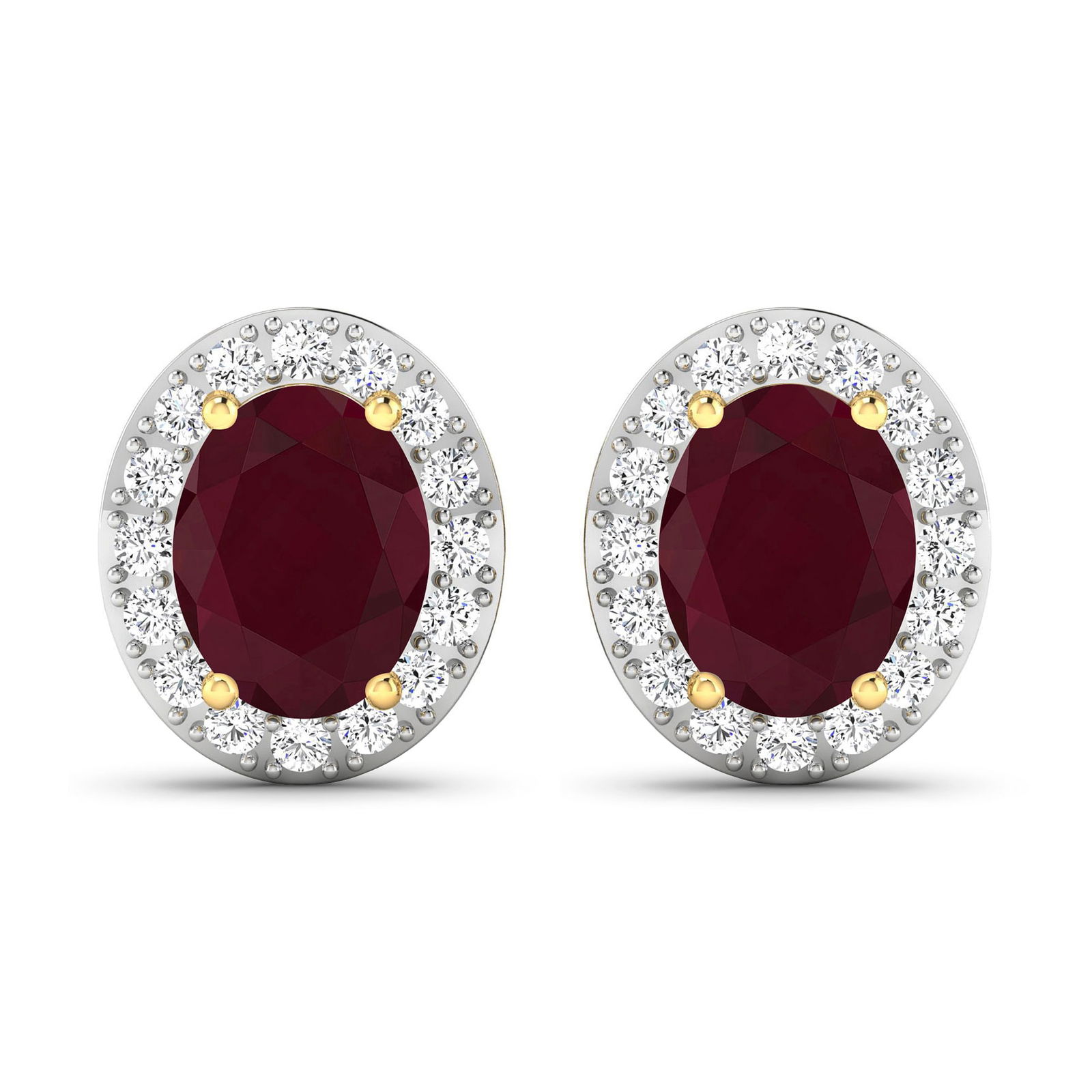 14KT Yellow Gold 3ctw Ruby and Diamond Earrings: Ruby (AA) Oval 8x6mm - 2Pcs + White Diamond F/C Round 1.50mm - 32Pcs ( White Pan Rhodium ) ( Diamond Quality : SI-2/HI ) ( Push Post ) Total weight of gemstones is 3cts. Total Diamond weight is 0.44ct