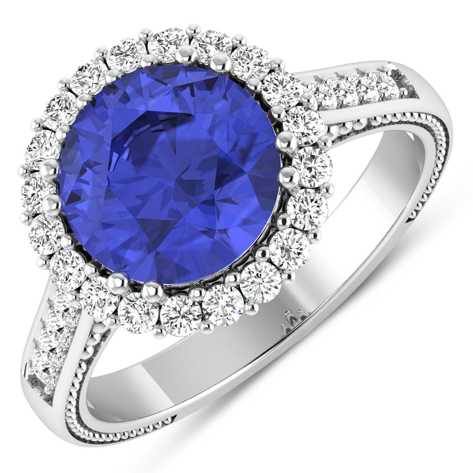 14KT White Gold 2.57ctw Tanzanite and Diamond Ring: Tanzanite (AA+) Round 9.00mm - 1Pc + White Diamond F/C Round 1.90mm - 4Pcs + White Diamond F/C Round 1.60mm - 16Pcs + White Diamond F/C Round 1.40mm - 10Pcs ( SI-2/HI ) Total weight of gemstone is 2.5