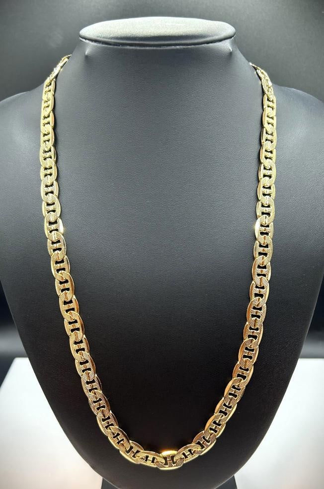 51.7 Gram18K Tri-Layered Yellow Gold Plate Mariners Link Necklace: Huge 51.7 Gram 14Kt Tri-Layered Yellow Gold Plated Mariners Link Necklace. This 18 K Stamped Mariners Chain Necklace is a fine solid diamond cut. It is 24 inches long and a healthy 9 mm. wide.