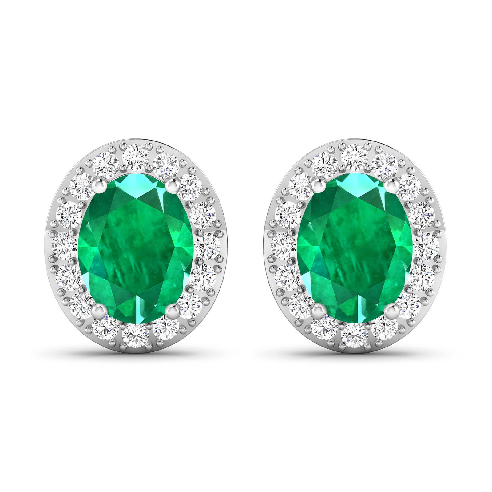 14KT White Gold 2ctw Zambian Emerald and Diamond Earrings: Zambian Emerald (AA) Oval 8x6mm - 2Pcs + White Diamond F/C Round 1.50mm - 32Pcs ( Diamond Quality : SI-2/HI ) ( Push Post ) Total weight of gemstones is 2cts. Total Diamond weight is 0.44cts. Total we