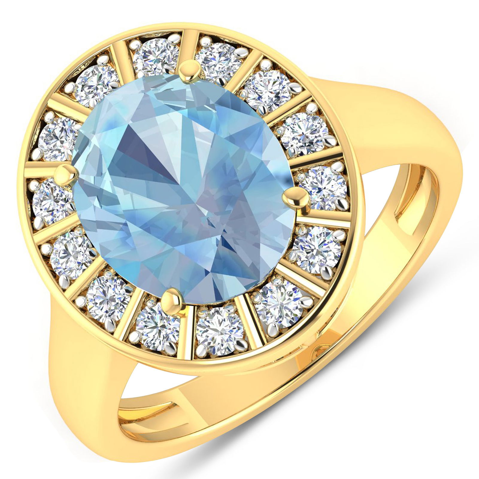 14KT Yellow Gold 2.9ct Aquamarine and Diamond Ring: Aquamarine (AA+) Oval 11x9mm - 1Pc + White Diamond F/C Round 2.00mm - 14Pcs ( White Pan Rhodium ) ( Diamond Quality : SI-2/HI ). Total weight of gemstone is 2.9cts. Total weight of Diamonds is 0.42cts