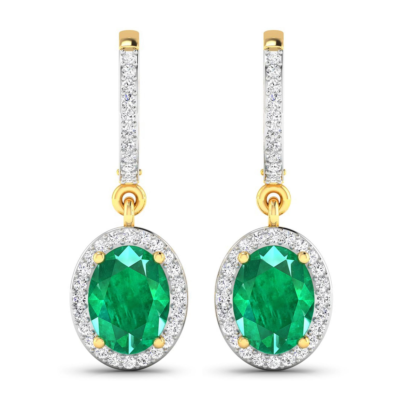 14KT Yellow Gold 2ctw Zambian Emerald and Diamond Earrings: Zambian Emerald (AA) Oval 8x6mm - 2Pcs + White Diamond F/C Round 1.00mm - 70Pcs ( Clip On ) ( White Pan Rhodium ) ( I1-I2/I color ) Total weight of gemstones is 2cts. Total Diamond weight is 0.32cts.
