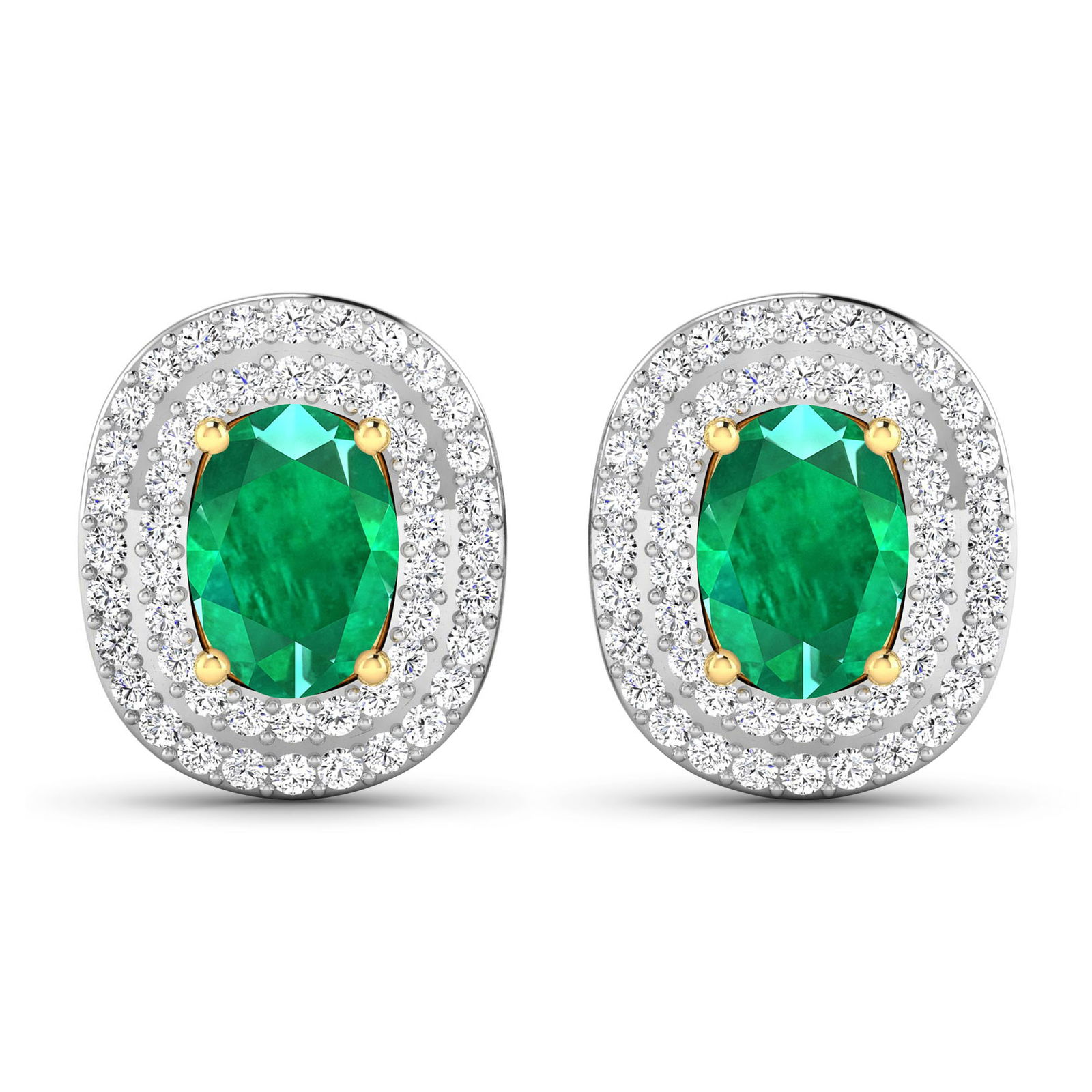 14KT Yellow Gold 1.12ctw Zambian Emerald and Diamond Earrings: Zambian Emerald (AA) Oval 7x5mm - 2Pcs + White Diamond F/C Round 1.00mm - 100Pcs (I1-I2/I color) ( Push Post ) Total weight of gemstones is 1.12cts. Total Diamond weight is 0.45cts. Total weight of th