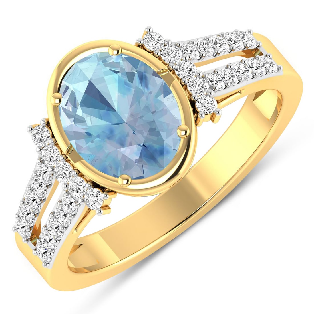 14KT Yellow Gold 1.28ctw Aquamarine and Diamond Ring: Aquamarine (AA+) Oval 9x7mm - 1Pc + White Diamond F/C Round 1.30mm - 30Pcs ( White Pan Rhodium ) ( SI-2/HI ) Total weight of gemstone is 1.28cts. Total Diamond weight is 0.3cts. Total weight of this r