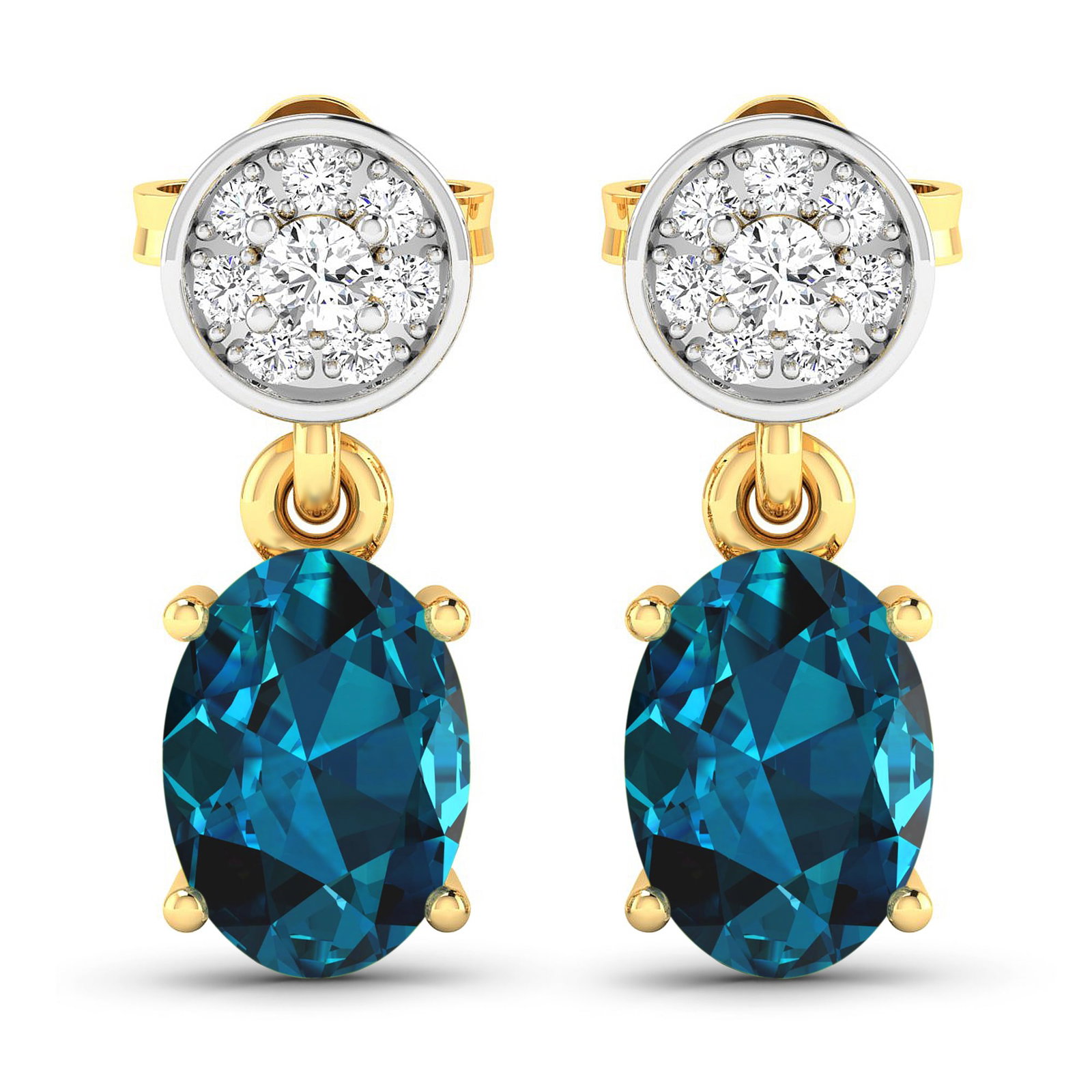 14KT Yellow Gold 1.4ctw London Blue Topaz and Diamond Earrings: London Blue Topaz Oval 7x5mm - 2Pcs + White Diamond F/C Round 1.80mm - 2Pcs + White Diamond F/C Round 1.00mm - 14Pcs ( Push-Post ) ( White Pan Rhodium ) (I1-I2/I color) Total weight of gemstones is 1.