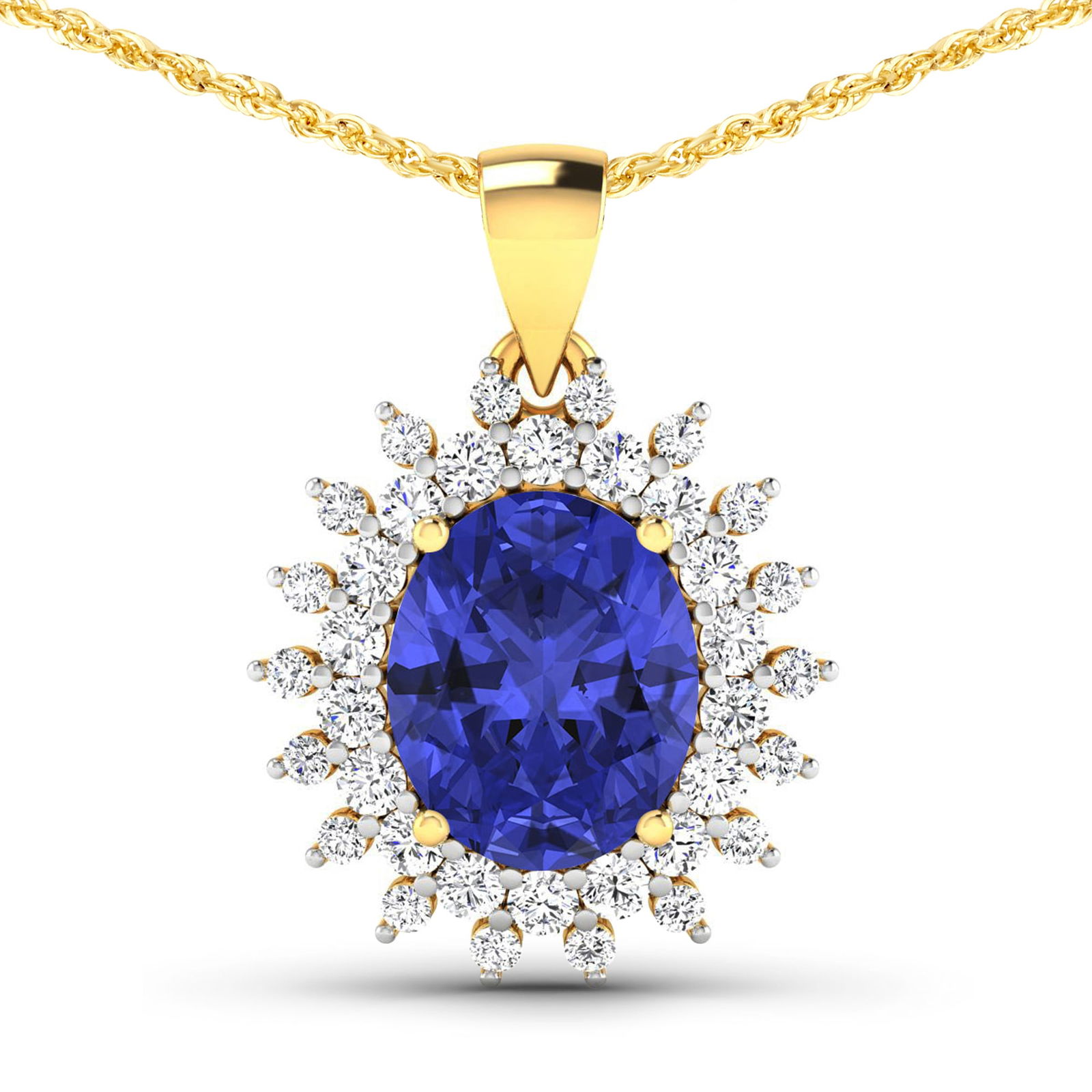 14KT Yellow Gold 3.75ctw Tanzanite and Diamond Pendant: Tanzanite (AA+) Oval 11x9mm - 1Pc + White Diamond F/C Round 2.00mm - 18Pcs + White Diamond F/C Round 1.50mm - 18Pcs ( Diamond Quality : SI-2/HI ) Total weight of gemstone is 3.75cts. Total Diamond wei