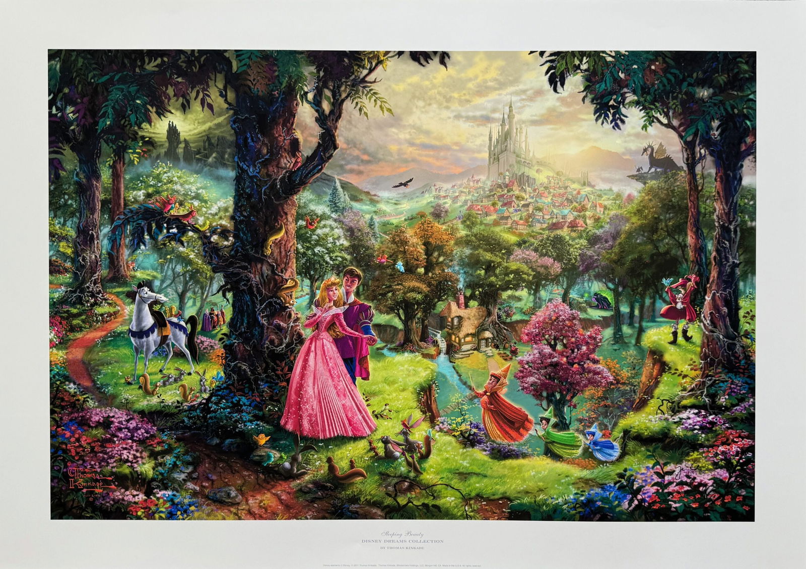 Thomas Kinkade SLEEPING BEAUTY Hand Signed Limited Edition Lithograph: This is a hand signed lithograph by Thomas Kinkade titled “SLEEPING BEAUTY”. This piece was hand signed by Thomas Kinkade himself. Image measures 18? x 27. Paper with border measures 22? x 31?