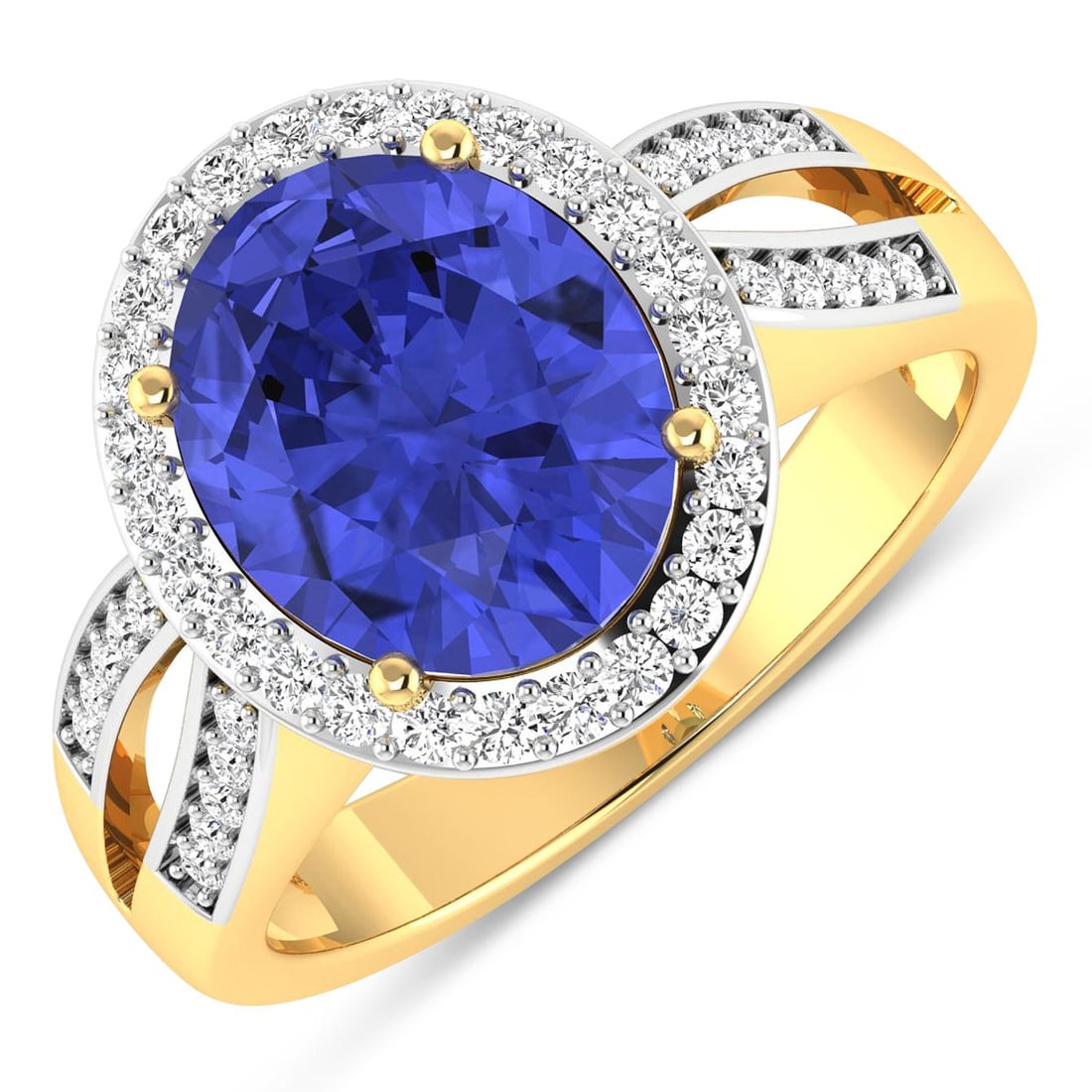 14KT Yellow Gold 3.43ctw Tanzanite and Diamond Ring: Tanzanite (AA+) Oval 11x9mm - 1Pc + White Diamond F/C Round 1.30mm - 26Pcs + White Diamond F/C Round 1.10mm - 20Pcs ( White Pan Rhodium ) ( SI-2/HI ) Total weight of gemstone is 3.43cts. Total Diamond
