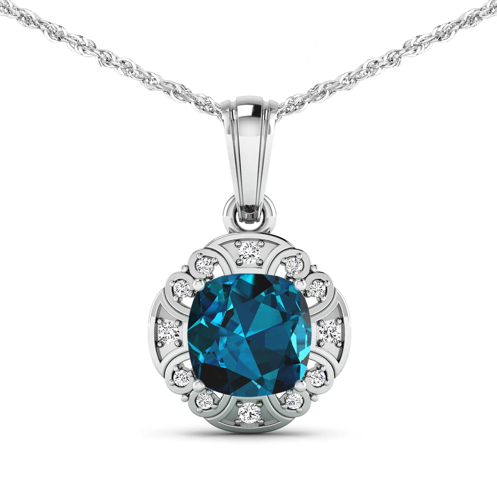 14KT White Gold 2.15ctw London Blue Topaz and Diamond Pendant: London Blue Topaz Cushion 8.00mm - 1Pc + White Diamond F/C Round 1.50mm - 4Pcs + White Diamond F/C Round 1.00mm - 8Pcs ( SI-2/HI ) Total weight of gemstone is 2.15cts. Total Diamond weight is 0.09cts.