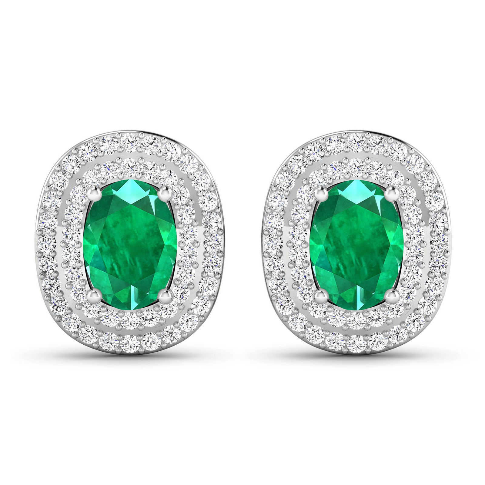 14KT White Gold 1.12ctw Zambian Emerald and Diamond Earrings: Zambian Emerald (AA) Oval 7x5mm - 2Pcs + White Diamond F/C Round 1.00mm - 100Pcs (I1-I2/I color) ( Push Post ) Total weight of gemstones is 1.12cts. Total Diamond weight is 0.45cts. Total weight of th