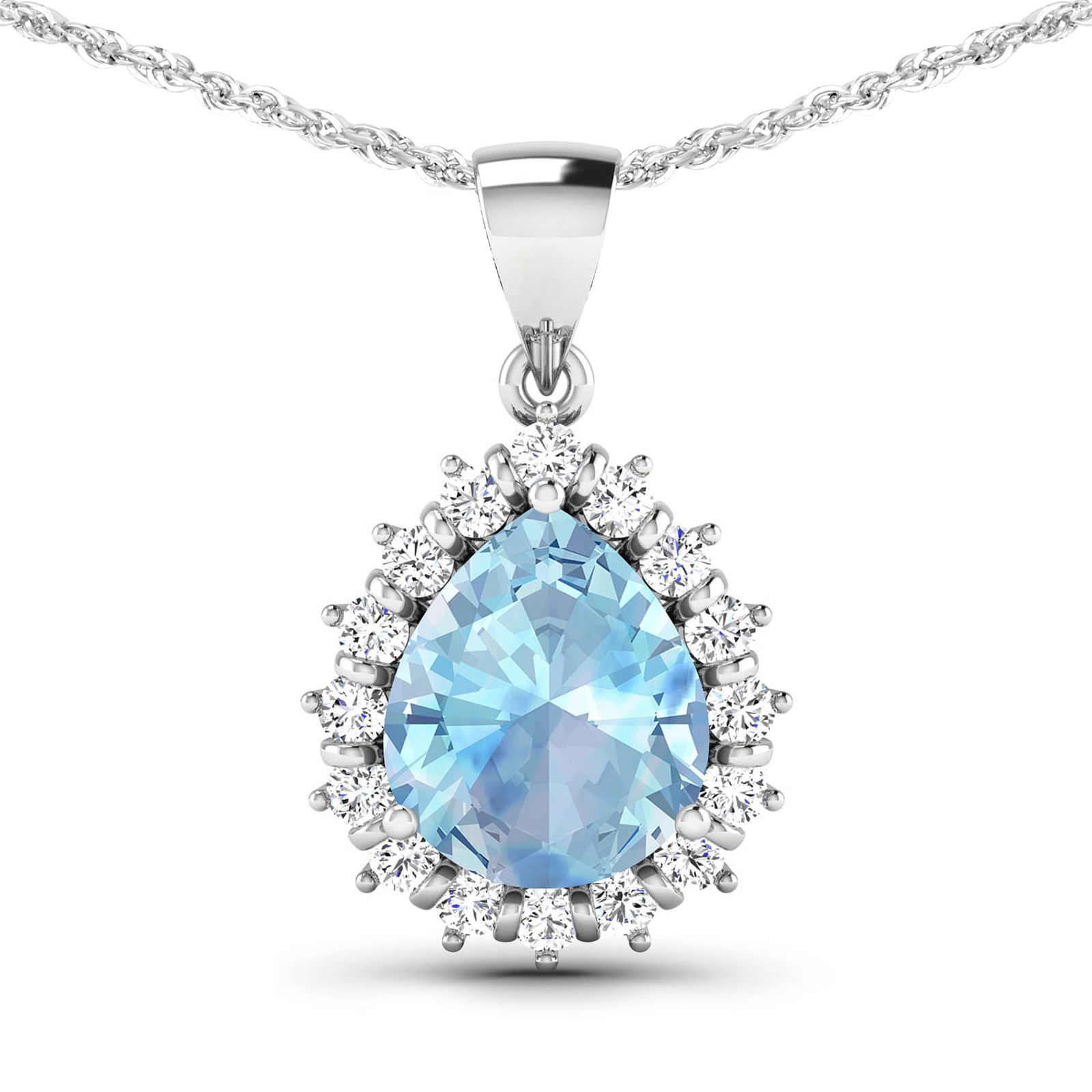 14KT White Gold 2.3ctw Aquamarine and Diamond Pendant: Aquamarine Pears 11x9mm - 1Pc + White Diamond F/C Round 2.00mm - 16Pcs ( Diamond Quality : SI-2/HI ) Total weight of gemstone is 2.3cts. Total Diamond weight is 0.48cts. Total weight of this pendant i