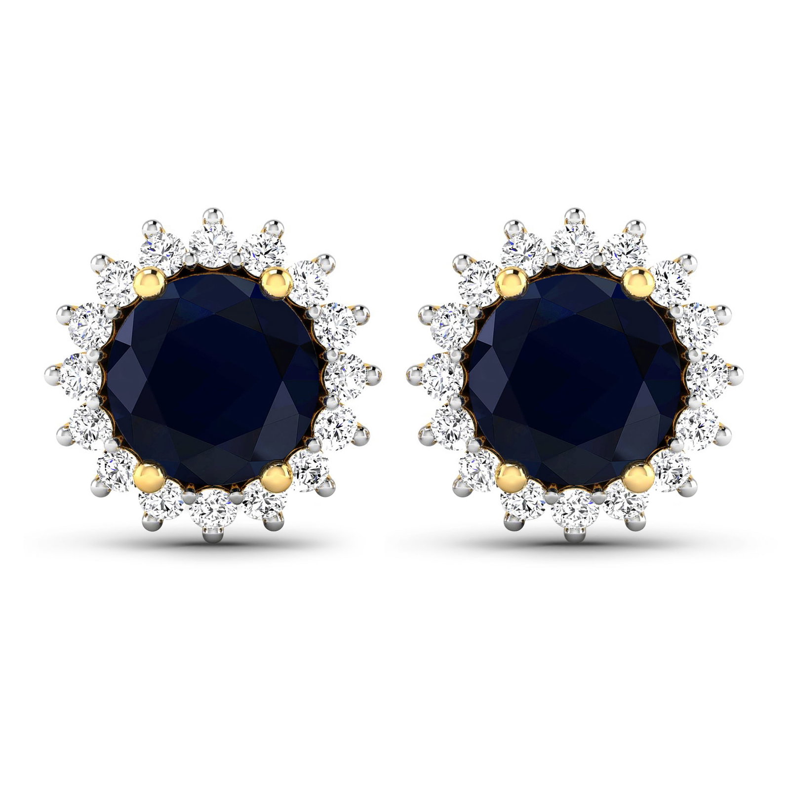 14KT Yellow Gold 2.2ctw Blue Sapphire and Diamond Earrings: Blue Sapphire (AA) Round 6.00mm - 2Pcs + White Diamond F/C Round 1.30mm - 32Pcs ( Push-Post ) ( White Pan Rhodium ) ( I1-I2/I color ) Total weight of gemstones is 2.2cts. Total Diamond weight is 0.32c