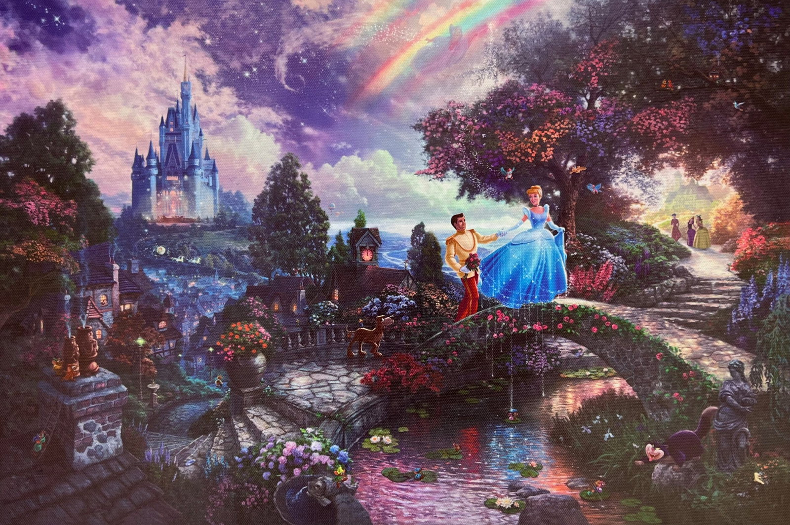 THOMAS KINKADE Cinderella and the Prince Giclee on Canvas: This is a reproduction giclee on canvas by Thomas Kinkade titled “Cinderella and the Prince” Measures: 12? x 18?. Beautiful rich colors! Comes unframed, un-stretched. Excellent condition!