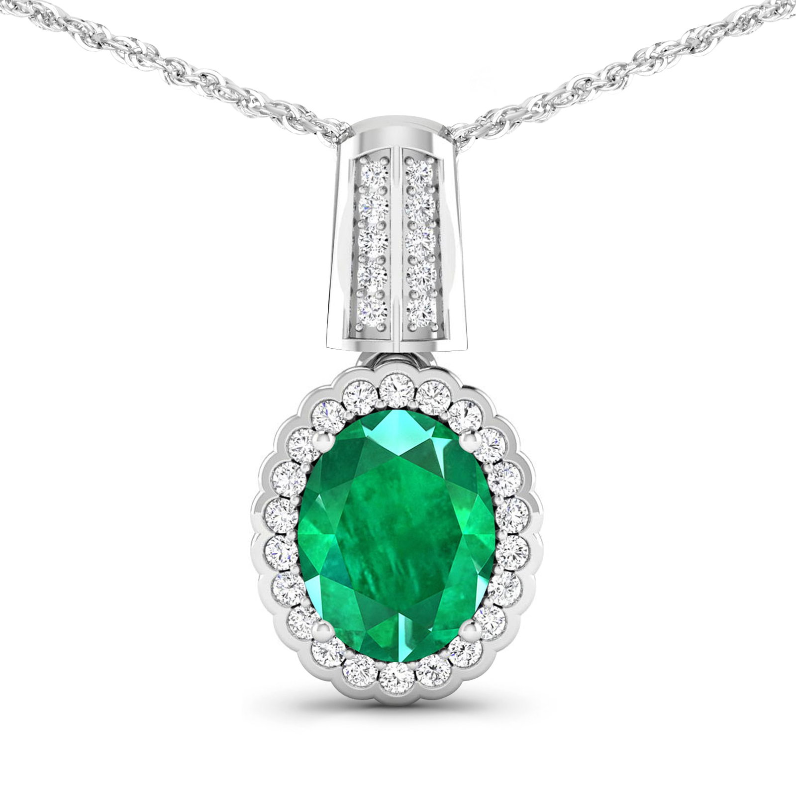 14KT White Gold 1.65ctw Zambian Emerald and Diamond Pendant: Zambian Emerald (AA) Oval 9x7mm - 1Pc + White Diamond F/C Round 1.20mm - 22Pcs + White Diamond F/C Round 1.00mm - 10Pcs (I1-I2/I color) Total weight of gemstone is 1.65cts. Total Diamond weight is 0.2