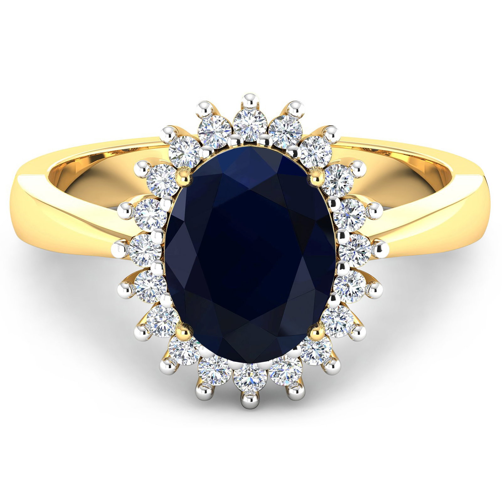 14KT Yellow Gold 1.30ct Blue Sapphire and Diamond Ring: 1 Blue Sapphire with a total weight of 1.30cts. Blue Sapphire (AA) Oval 8x6mm - 1Pc + White Diamond F/C Round 1.40mm - 17Pcs (I1-I2/I color). 0.19cts of Diamonds. Total weight of this ring is 3.27 gra