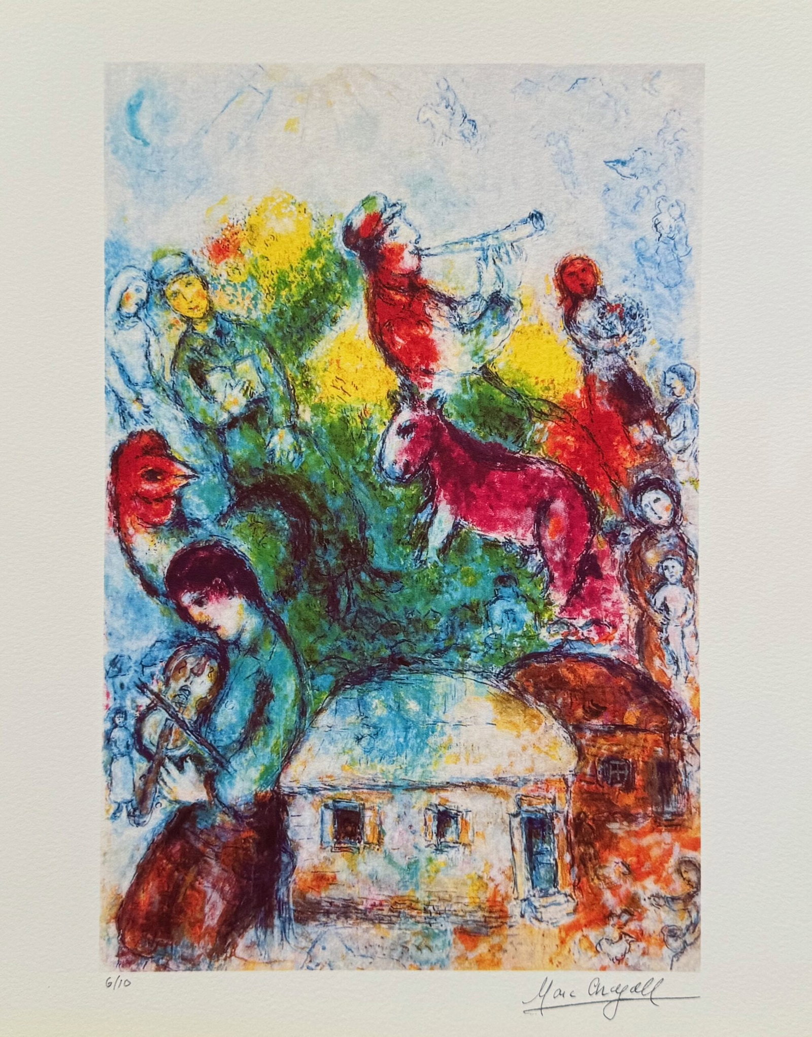 Marc Chagall SHOFAR Limited Edition Facsimile Signed Giclee: This is a Marc Chagall limited edition extra small giclee titled “SHOFAR”. This giclee is facsimile signed on the lower right and is pencil numbered on the lower left from an edition of only 1