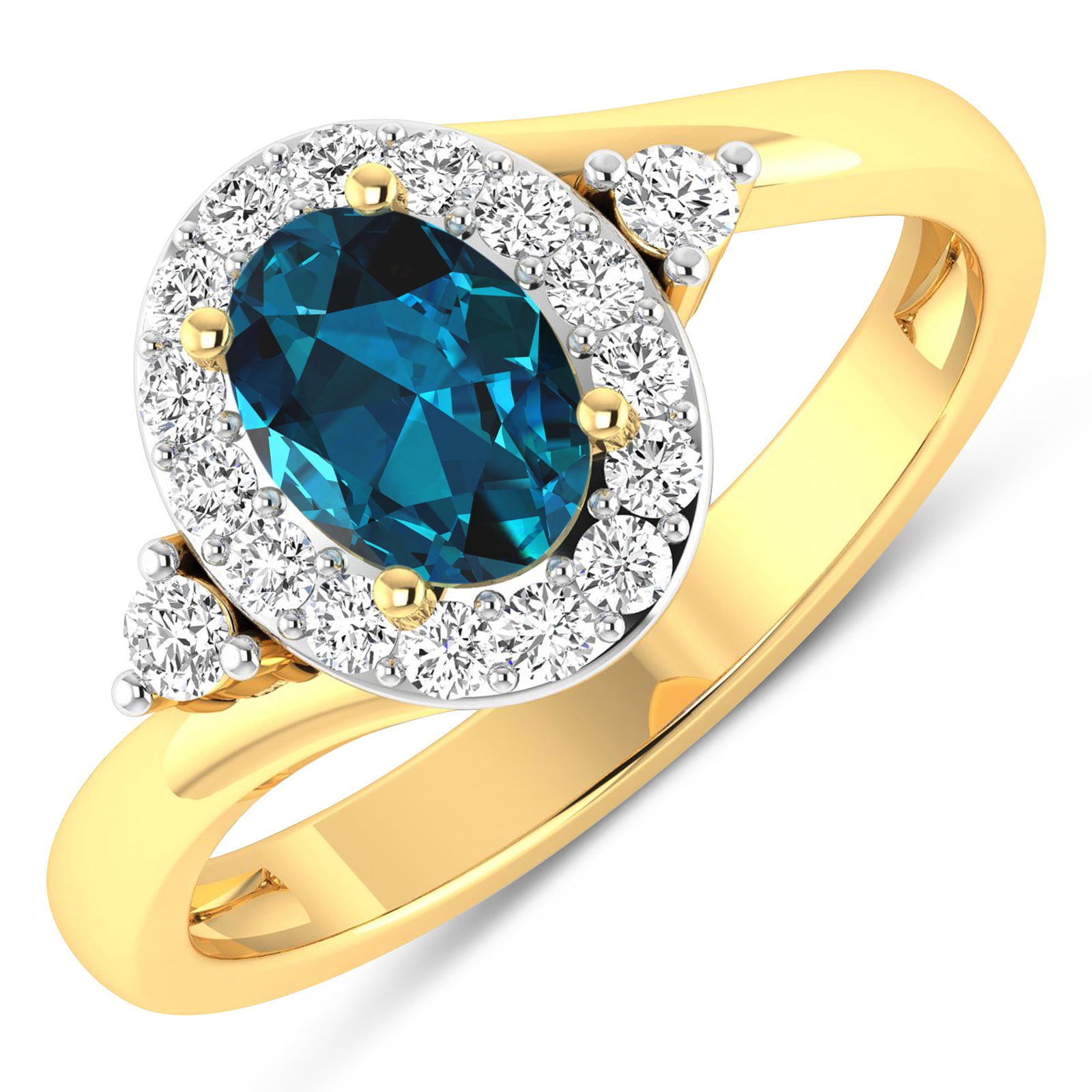 14KT Yellow Gold 0.7ctw London Blue Topaz and Diamond Ring: London Blue Topaz Oval 7x5mm - 1Pc + White Diamond F/C Round 2.00mm - 2Pcs + White Diamond F/C Round 1.50mm - 15Pcs ( White Pan Rhodium ) (I1-I2/I color) Total weight of gemstone is 0.7cts. Total Diam