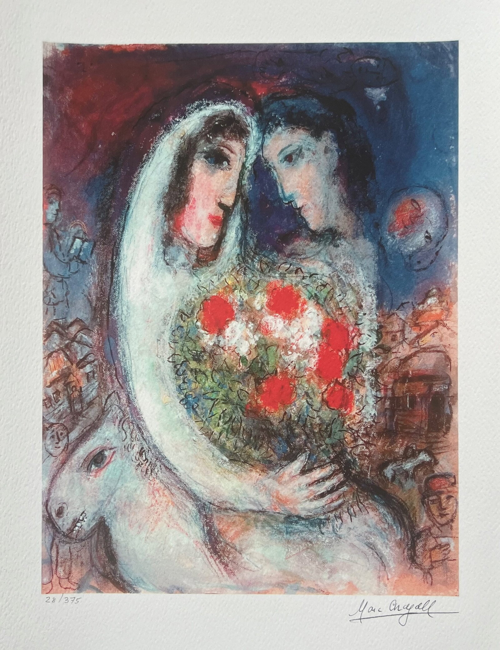 Marc Chagall MARRIAGE Limited Edition Facsimile Signed Giclee: This is a Marc Chagall limited edition small giclee titled “MARRIAGE”. This giclee is facsimile signed on the lower right and is pencil numbered on the lower left from an edition of 375. Paper