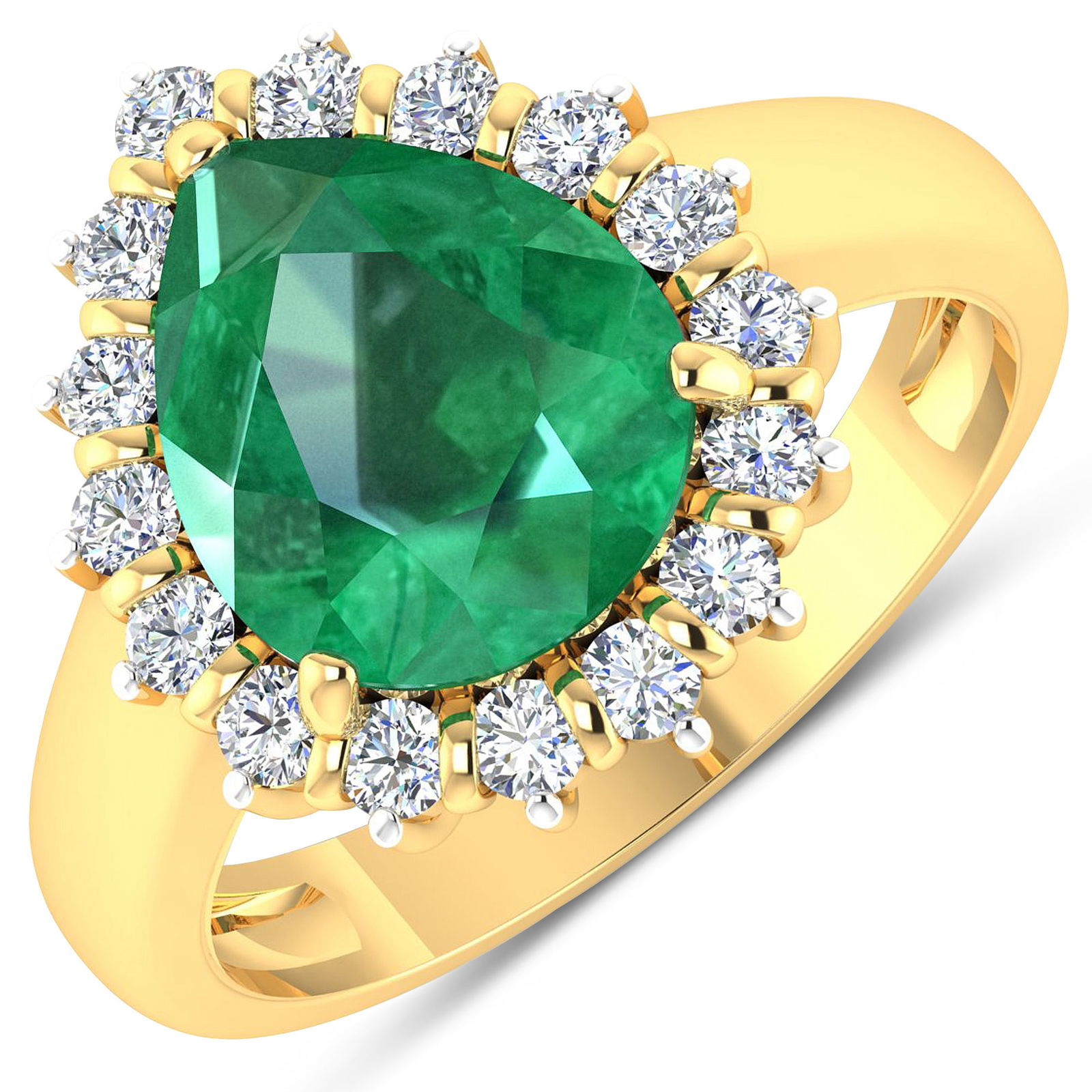 14KT Yellow Gold 2.85ct Zambian Emerald and Diamond Ring: Zambian Emerald (AA) Pears 11x9mm - 1Pc + White Diamond F/C Round 2.00mm - 16Pcs ( White Pan Rhodium ) ( Diamond Quality : SI-2/HI ). Total weight of gemstone is 2.85cts. Total weight of Diamonds is 0