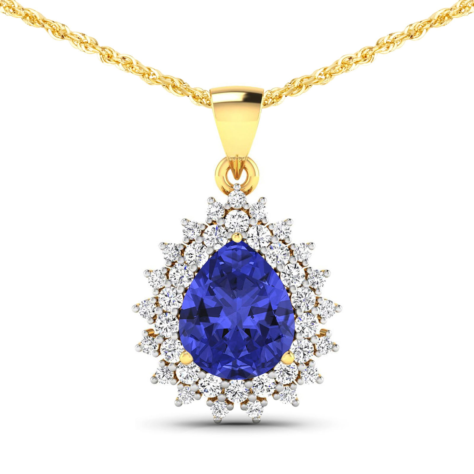 14KT Yellow Gold 3.25ctw Tanzanite and Diamond Pendant: Tanzanite (AA+) Pears 11x9mm - 1Pc + White Diamond F/C Round 2.00mm - 18Pcs + White Diamond F/C Round 1.50mm - 19Pcs ( Diamond Quality : SI-2/HI ) Total weight of gemstone is 3.25cts. Total Diamond we