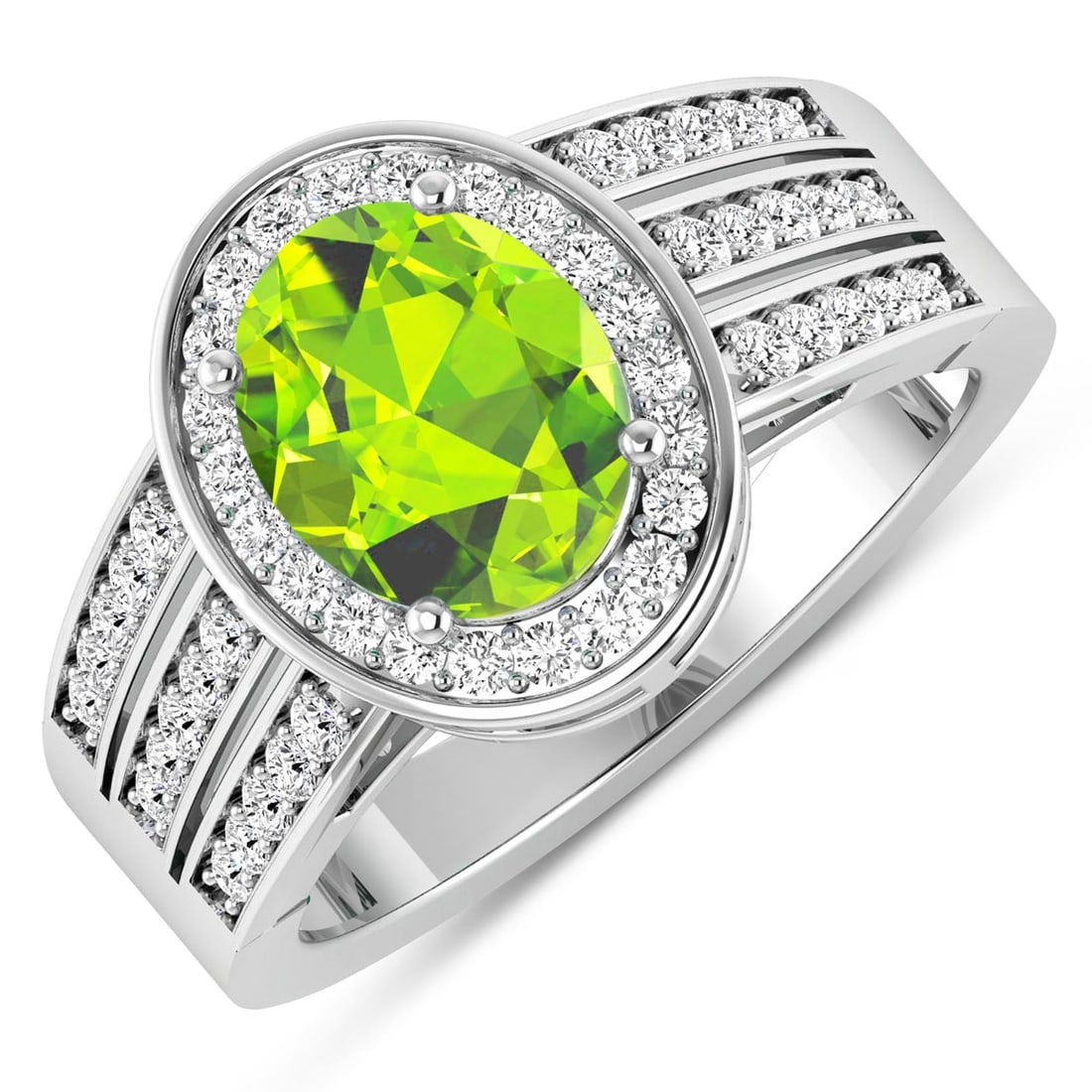 14KT White Gold 1.6ctw Peridot and Diamond Ring: Peridot Oval 9x7mm - 1Pc + White Diamond F/C Round 1.30mm - 32Pcs + White Diamond F/C Round 1.20mm - 6Pcs + White Diamond F/C Round 1.10mm - 6Pcs + White Diamond F/C Round 1.00mm - 8Pcs ( SI-2/HI ) To