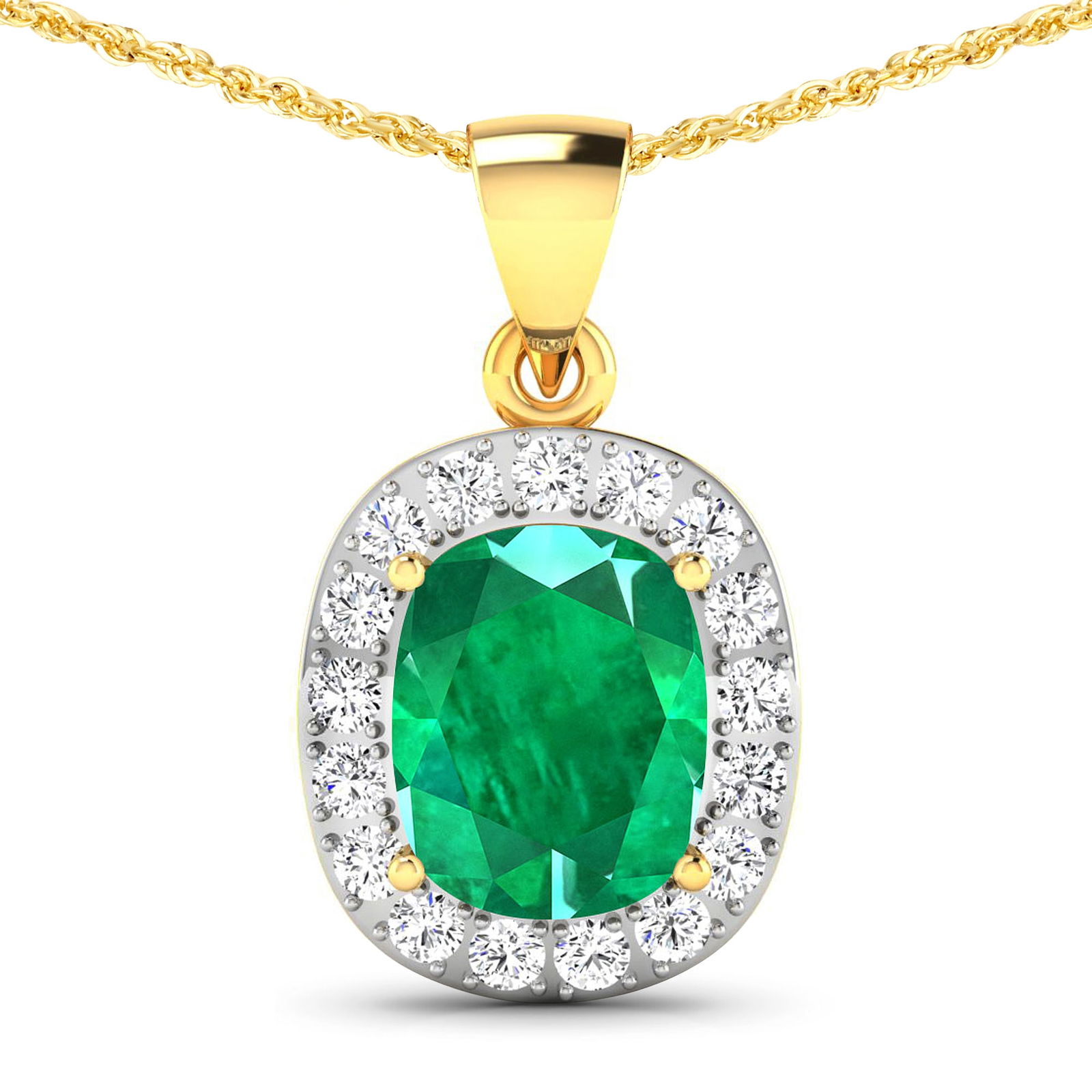 14KT Yellow Gold 2.5ctw Zambian Emerald and Diamond Pendant: Zambian Emerald (AA) Cushion 10x8mm - 1Pc + White Diamond F/C Round 2.00mm - 17Pcs ( Diamond Quality : SI-2/HI ) Total weight of gemstone is 2.5cts. Total Diamond weight is 0.51cts. Total weight of th