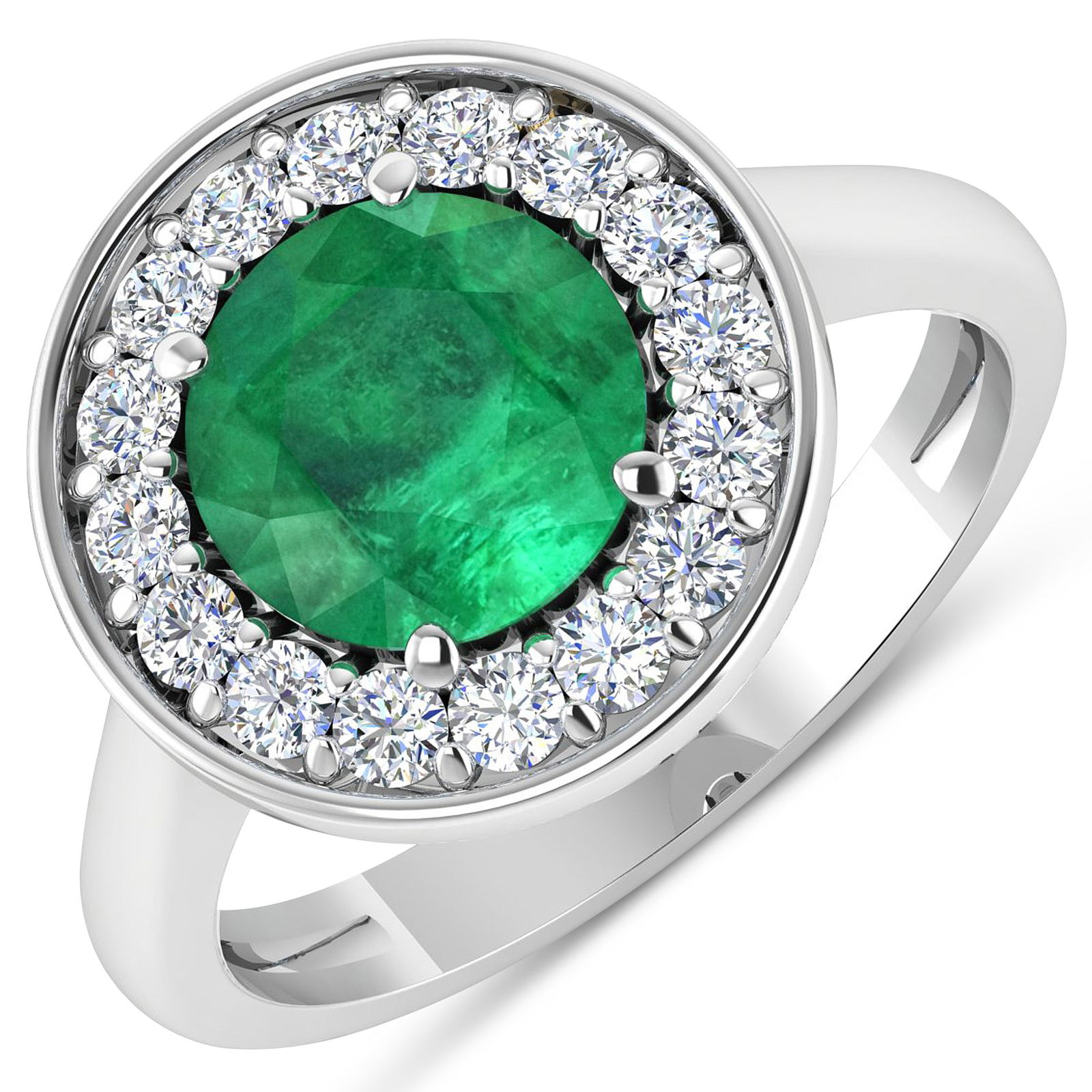 14KT White Gold 1.8ct Zambian Emerald and Diamond Ring: Zambian Emerald (AA) Round 8.00mm - 1Pc + White Diamond F/C Round 2.00mm - 16Pcs ( Diamond Quality : SI-2/HI ). Total weight of gemstone is 1.8cts. Total weight of Diamonds is 0.48cts. Total weight of