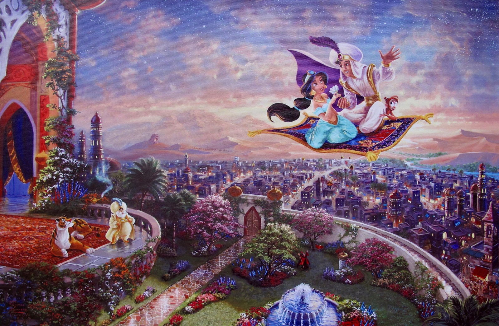 THOMAS KINKADE Aladdin & Jasmine Magic Carpet Ride Giclee on Canvas: This is a reproduction giclee on canvas by Thomas Kinkade titled “Aladdin and Jasmine Magic Carpet Ride” Measures: 12? x 18?. Beautiful rich colors! Comes unframed, un-stretched. Excellent con
