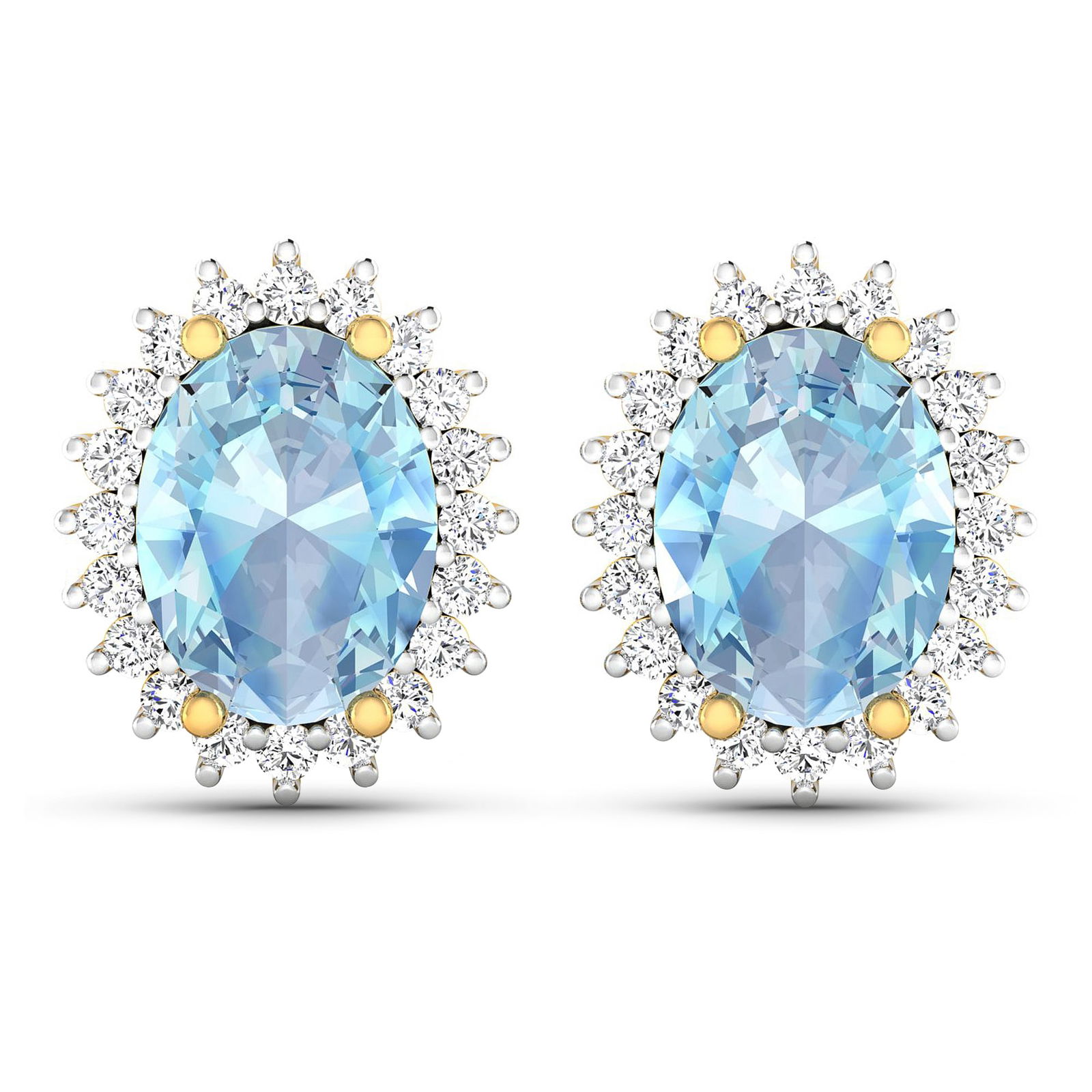 14KT Yellow Gold 1.92ctw Aquamarine and Diamond Earrings: (2) Aquamarine stones with a total weight of 1.92cts. (40) Diamonds with a 0.26cts. Aquamarine (AA+) Oval 8x6mm - 2Pcs + White Diamond F/C Round 1.10mm - 40Pcs (I1-I2/I color). Total weight of these e