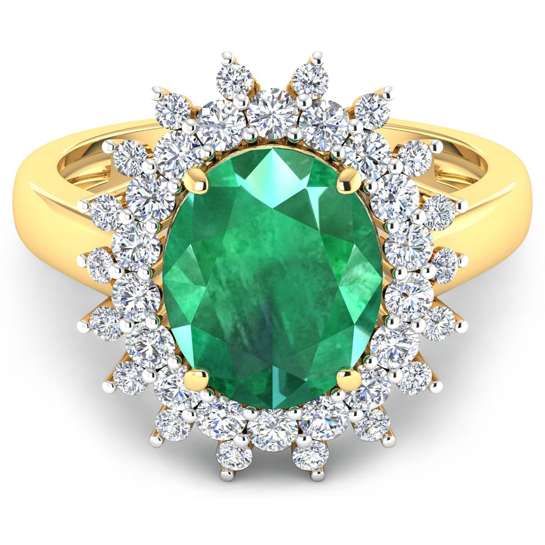 14KT Yellow Gold 3.14ct Zambian Emerald and Diamond Ring: 1 Zambian Emerald with a total weight of 3.14cts. Zambian Emerald (AA) Oval 11x9mm - 1Pc + White Diamond F/C Round 2.00mm - 18Pcs + White Diamond F/C Round 1.50mm - 18Pcs ( Diamond Quality : SI-2/HI )