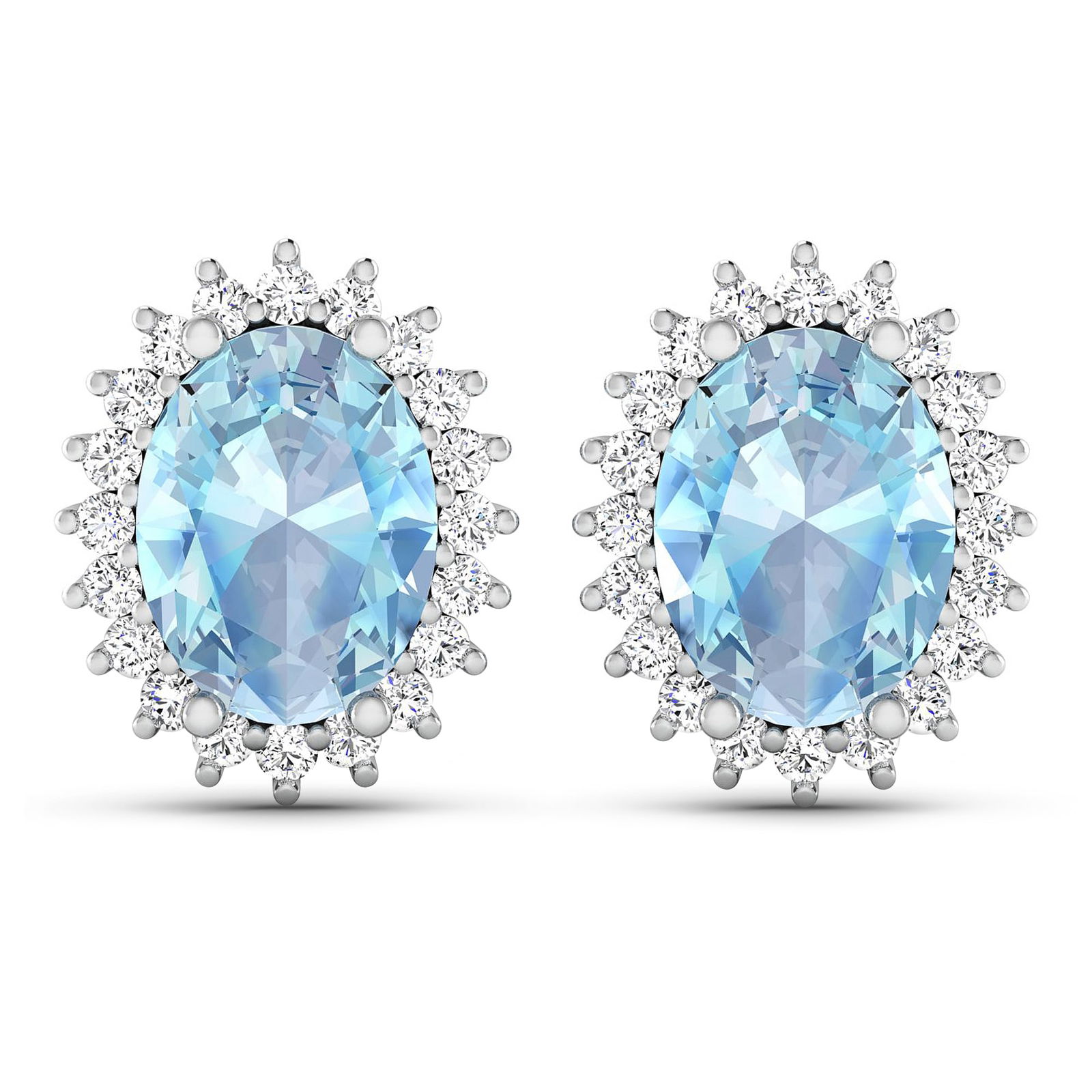 14KT White Gold 1.92ctw Aquamarine and Diamond Earrings: (2) Aquamarine stones with a total weight of 1.92cts. (40) Diamonds with a 0.26cts. Aquamarine (AA+) Oval 8x6mm - 2Pcs + White Diamond F/C Round 1.10mm - 40Pcs (I1-I2/I color). Total weight of these e