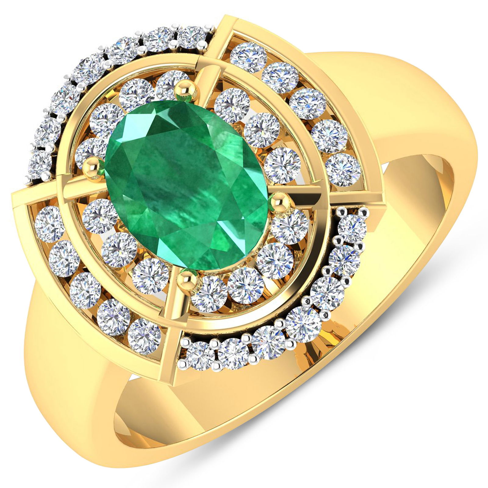 14KT Yellow Gold 1ct Zambian Emerald and Diamond Ring: Zambian Emerald (AA) Oval 8x6mm - 1Pc + White Diamond F/C Round 1.50-1.60mm - 24Pcs + White Diamond F/C Round 1.20mm - 14Pcs ( White Pan Rhodium ) (I1-I2/I color). Total weight of gemstone is 1cts. To