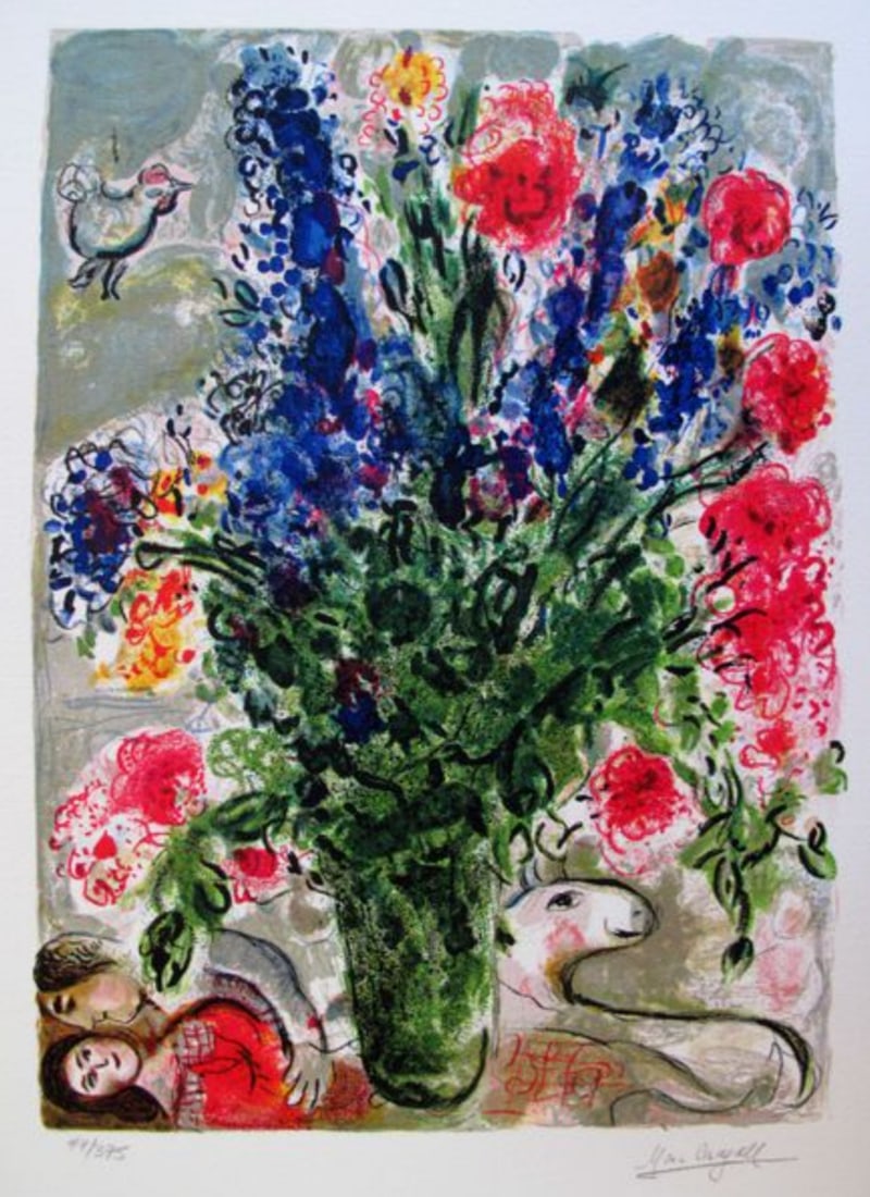 Marc Chagall LES LUPINS BLEU Facsimile Signed Limited Edition Giclee: This is a Marc Chagall limited edition small giclee titled “LES LUPINS BLEU”. This giclee is facsimile signed on the lower right and is pencil numbered on the lower left from an edition of 375