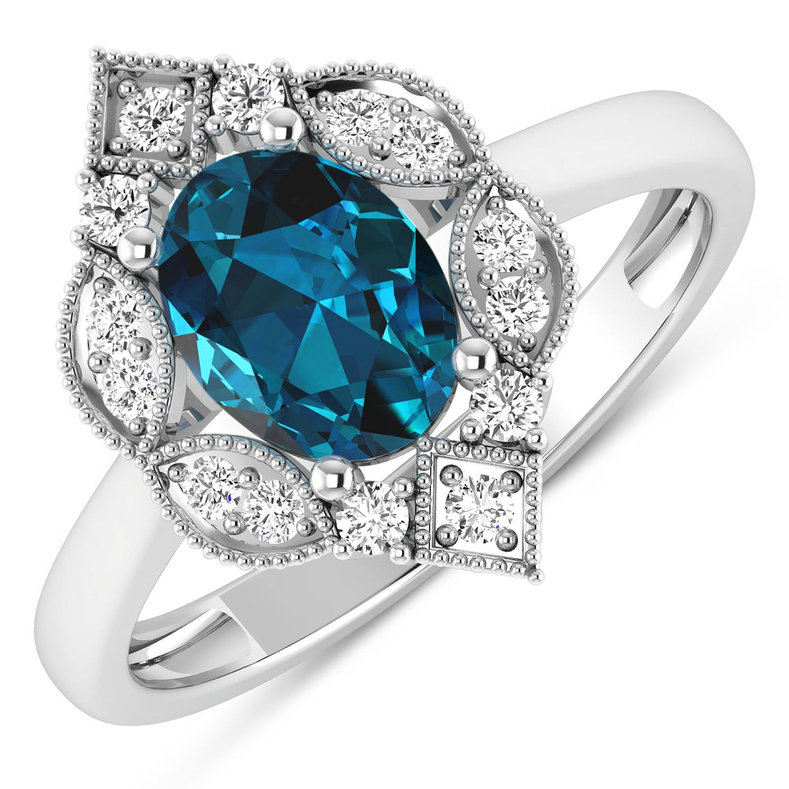 14KT White Gold 1.1ctw London Blue Topaz and Diamond Ring: London Blue Topaz Oval 8x6mm - 1Pc + White Diamond F/C Round 1.50mm - 14Pcs (I1-I2/I color) Total weight of gemstone is 1.1cts. Total Diamond weight is 0.2cts. Total weight of this ring is 2.46 grams.