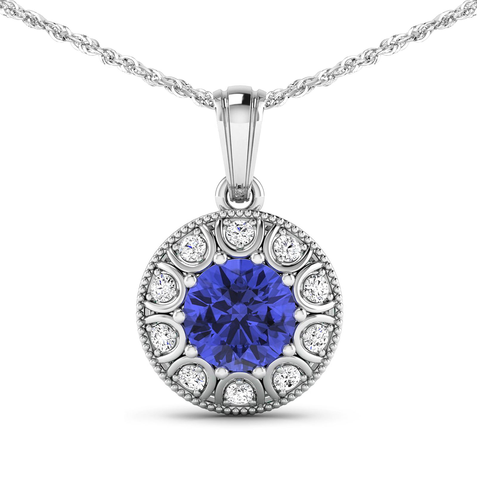 14KT White Gold 2.02ctw Tanzanite and Diamond Pendant: Tanzanite (AA+) Round 8.00mm - 1Pc + White Diamond F/C Round 2.00mm - 10Pcs ( SI-2/HI ) Total weight of gemstone is 2.02cts. Total Diamond weight is 0.3cts. Total weight of this pendant is 2.71 grams.