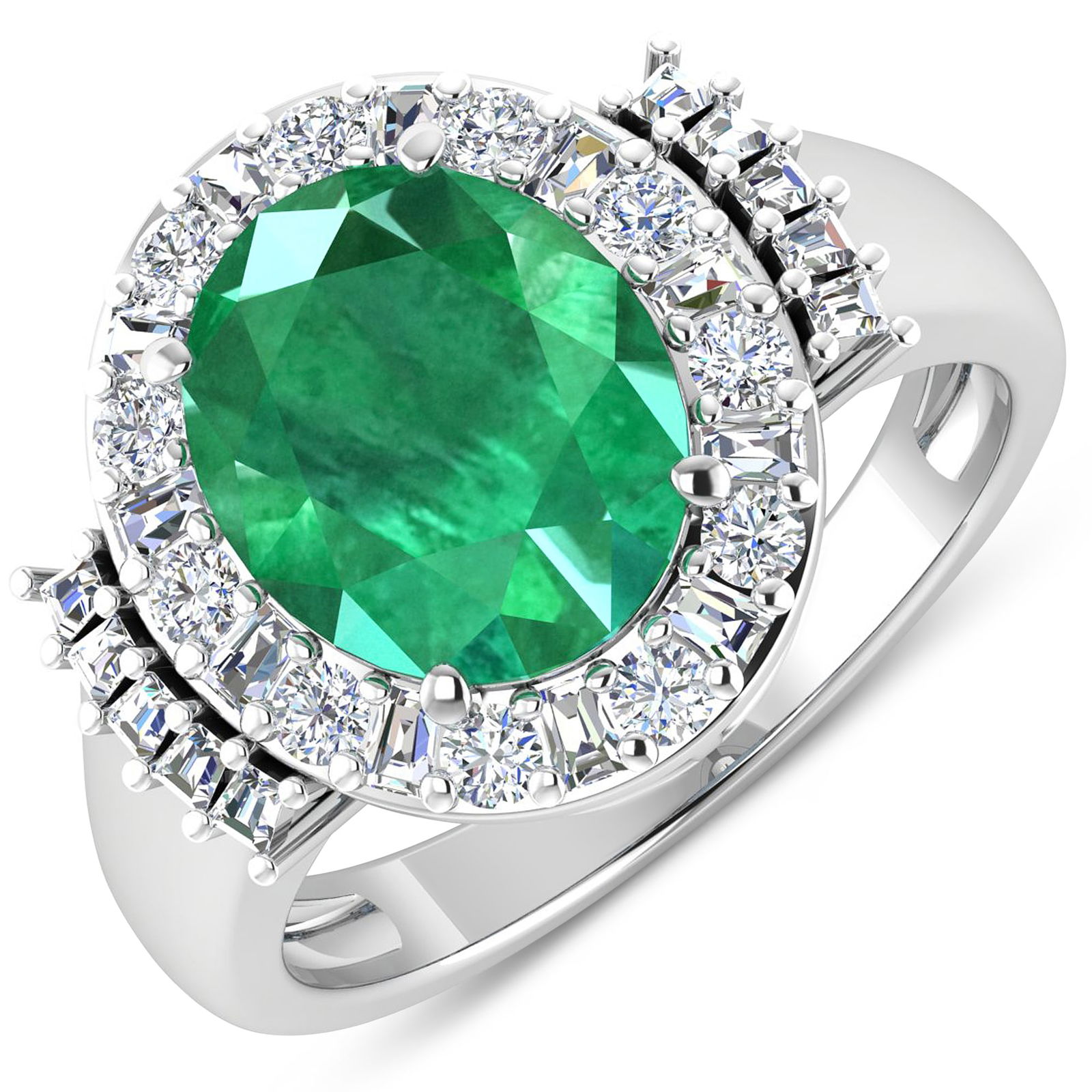 14KT White Gold 3.14ct Zambian Emerald and Diamond Ring: Zambian Emerald (AA) Oval 11x9mm - 1Pc + White Diamond Tapper Baguette 2.00x1.50x1.10mm - 11Pcs + White Diamond Tapper Baguette 1.50x1.40x1.00mm - 10Pcs + White Diamond F/C Round 2.00mm - 11Pcs ( Diam