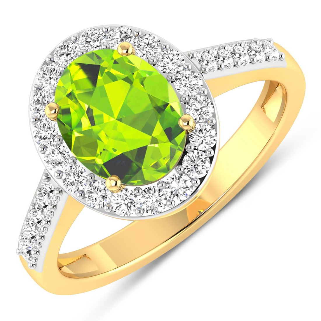 14KT Yellow Gold 1.6ctw Peridot and Diamond Ring: Peridot Oval 9x7mm - 1Pc + White Diamond F/C Round 1.50mm - 28Pcs ( White Pan Rhodium ) ( SI-2/HI ) Total weight of gemstone is 1.6cts. Total Diamond weight is 0.39cts. Total weight of this ring is 2.