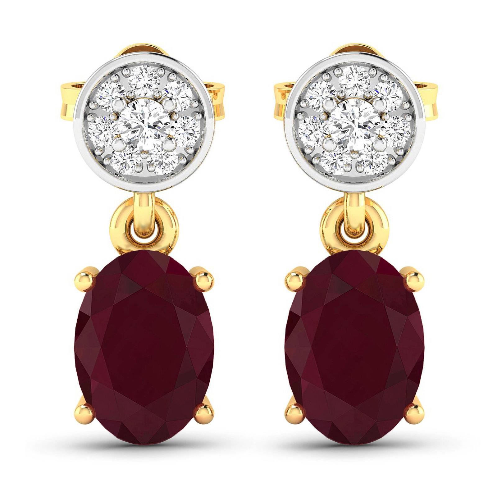 14KT Yellow Gold 1.7ctw Ruby and Diamond Earrings: Ruby (AA) Oval 7x5mm - 2Pcs + White Diamond F/C Round 1.80mm - 2Pcs + White Diamond F/C Round 1.00mm - 14Pcs ( Push-Post ) ( White Pan Rhodium ) ( I1-I2/I color ) Total weight of gemstones is 1.7cts.