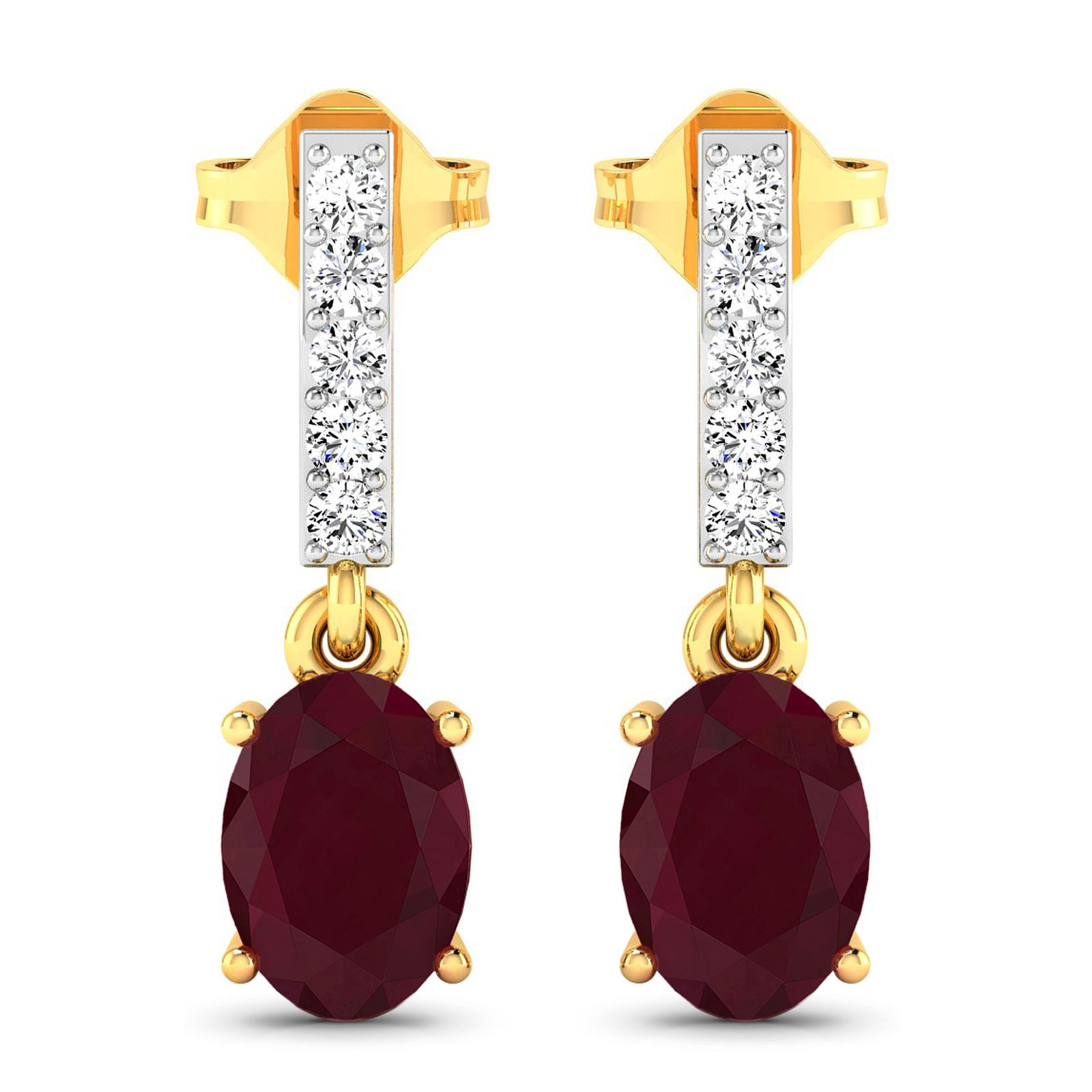 14KT Yellow Gold 1.7ctw Ruby and Diamond Earrings: Ruby (AA) Oval 7x5mm - 2Pcs + White Diamond F/C Round 1.50mm - 10Pcs ( Push-Post ) ( White Pan Rhodium ) ( I1-I2/I color ) Total weight of gemstones is 1.7cts. Total Diamond weight is 0.14cts. Total w