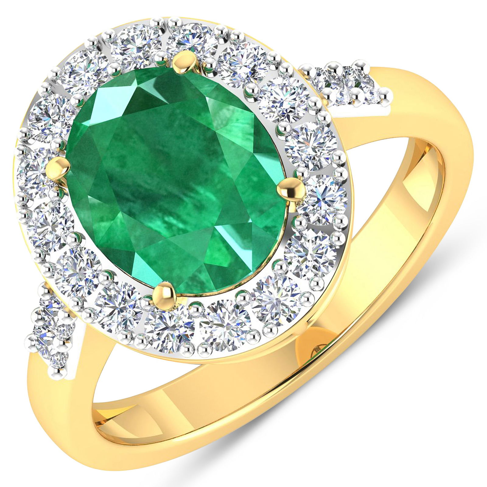14KT Yellow Gold 2.03ct Zambian Emerald and Diamond Ring: Zambian Emerald (AA) Oval 10x8mm - 1Pc + White Diamond F/C Round 2.00mm - 20Pcs ( White Pan Rhodium ) ( Diamond Quality : SI-2/HI ). Total weight of gemstone is 2.03cts. Total weight of Diamonds is 0.