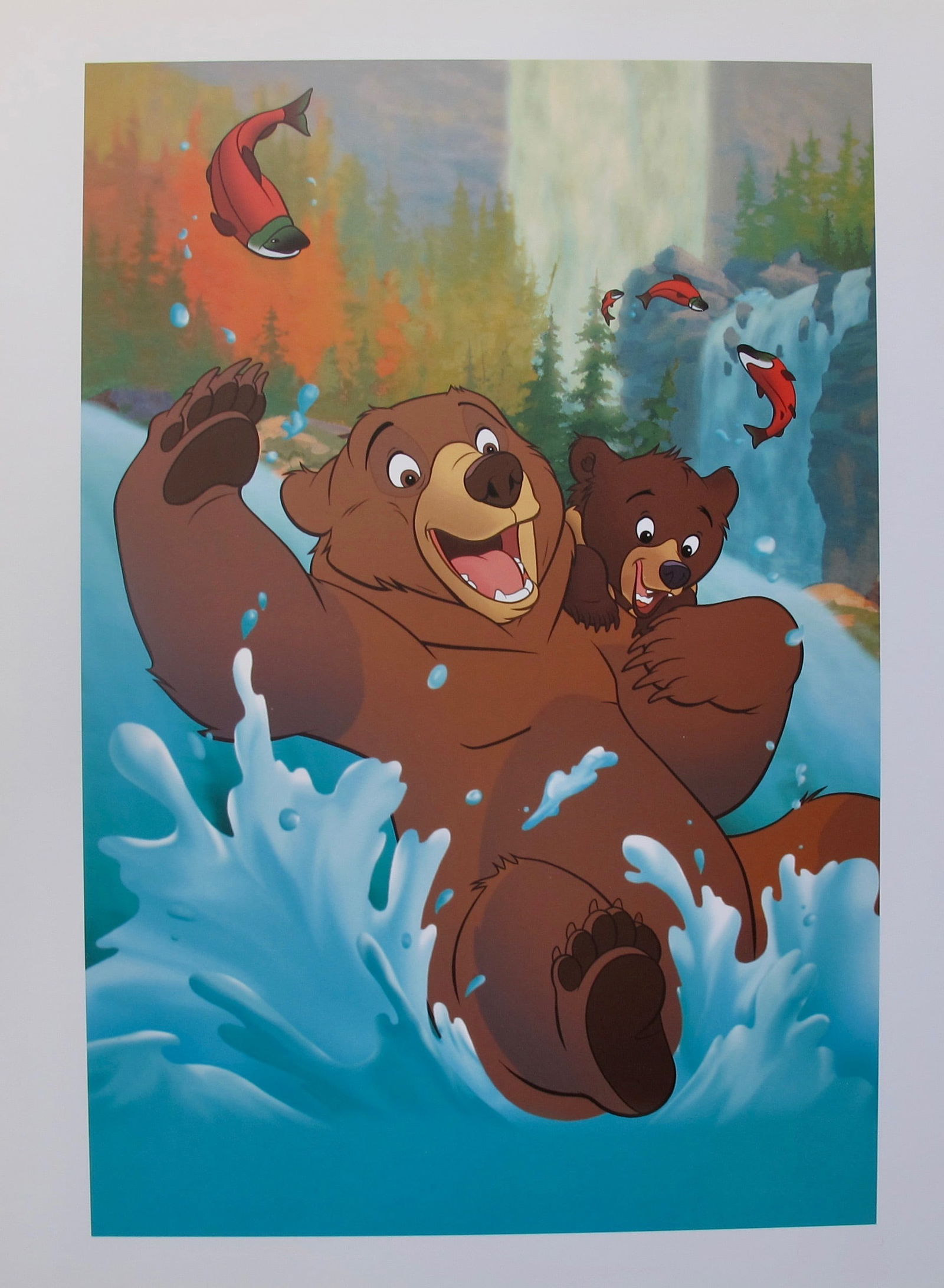 DISNEY BROTHER BEAR KENAI and KODA FISHING Lithograph Art: This is an offset lithograph titled “Kenai and Koda Fishing” from Disney’s classic film “Brother Bear”. Paper measures: 14? x 11?. Image measures 9? x 6.5?. Comes unframed. In excell