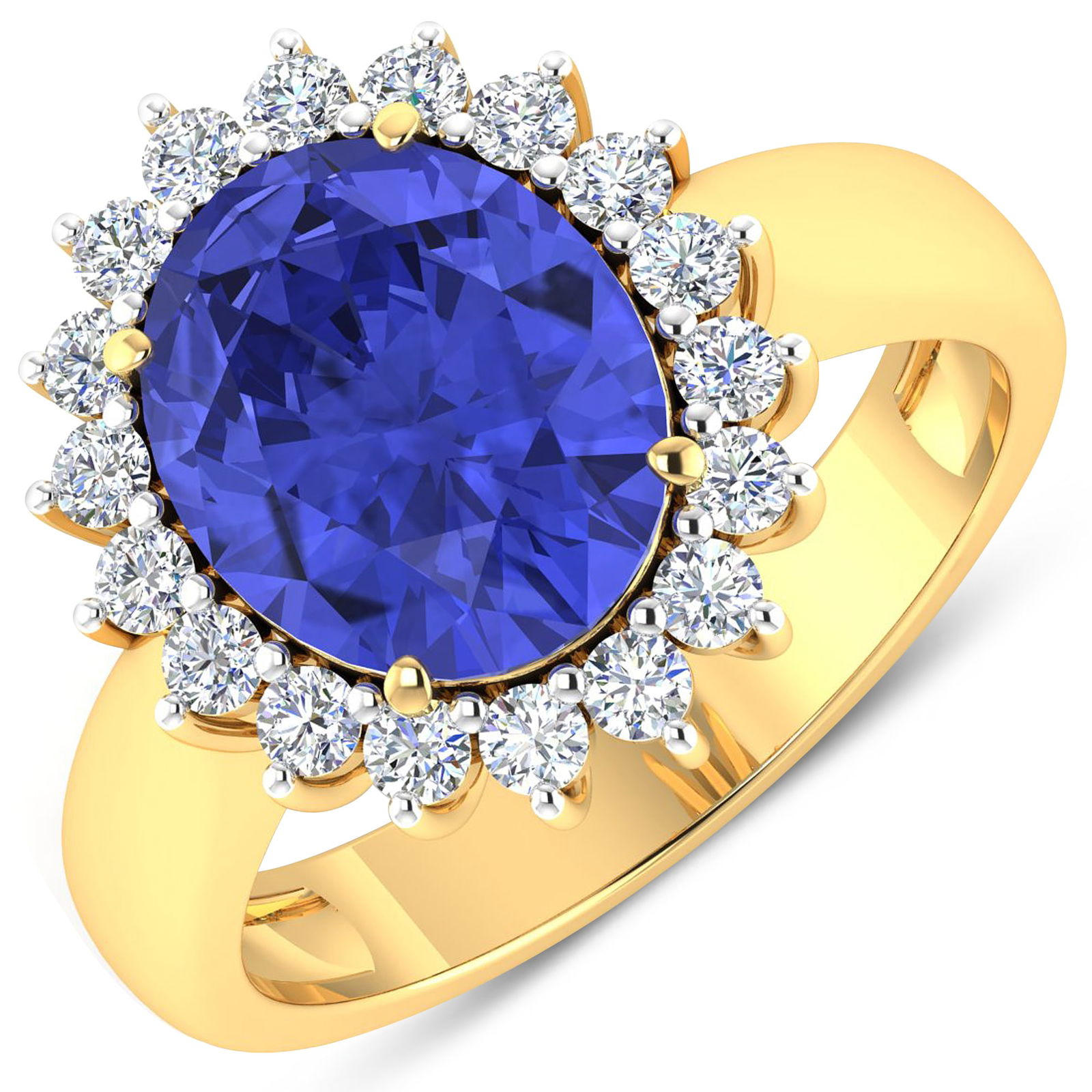 14KT Yellow Gold 3.43ctw Tanzanite and Diamond Ring: Tanzanite (AA+) Oval 11x9mm - 1Pc + White Diamond F/C Round 2.00mm - 18Pcs ( White Pan Rhodium ) ( Diamond Quality : SI-2/HI ) Total weight of gemstone is 3.43cts. Total Diamond weight is 0.54cts. Tot