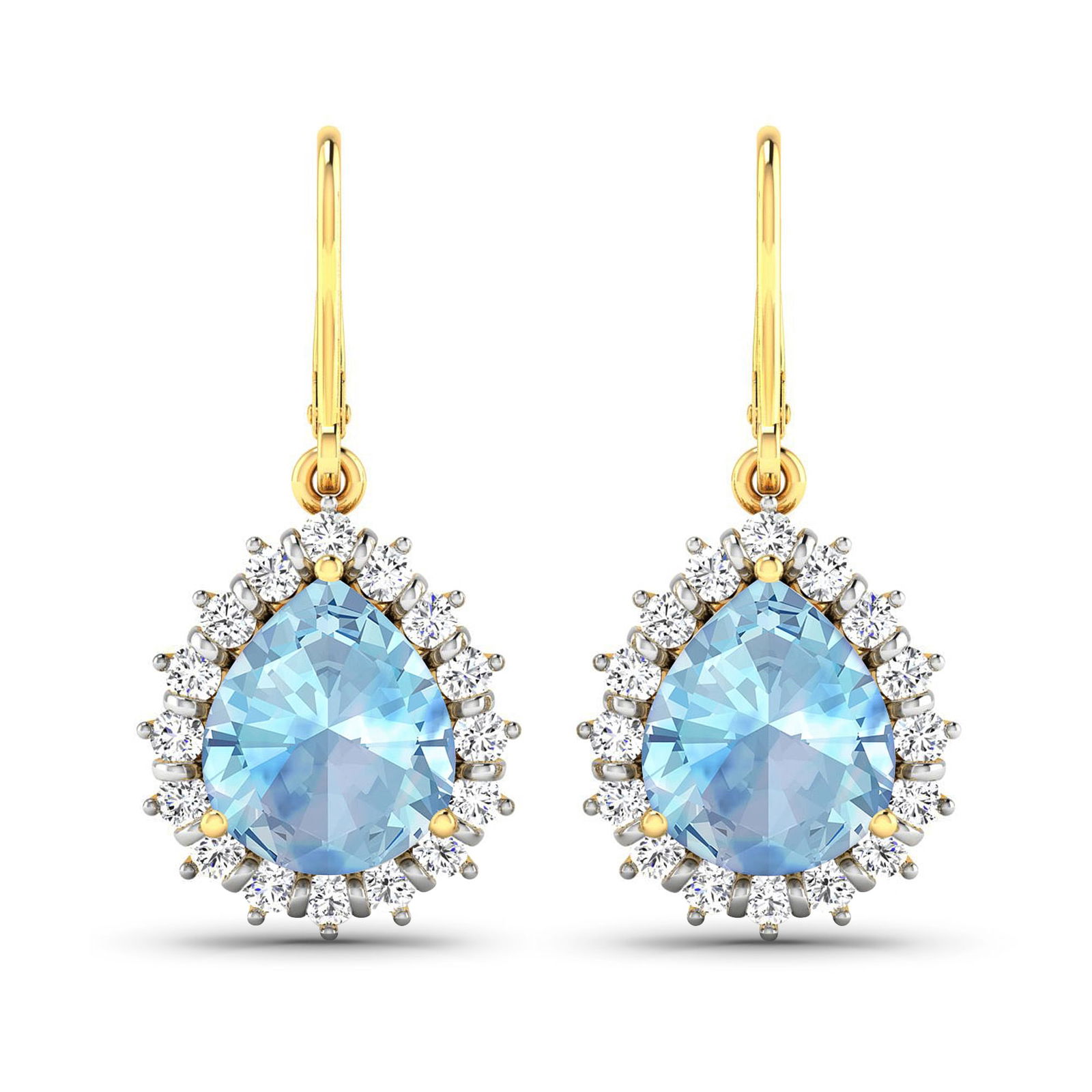 14KT Yellow Gold 2.5ctw Aquamarine and Diamond Earrings: Aquamarine Pears 9x7mm - 2Pcs + White Diamond F/C Round 1.50mm - 32Pcs ( Diamond Quality : SI-2/HI ) Total weight of gemstones is 2.5cts. Total Diamond weight is 0.44cts. Total weight of these earring