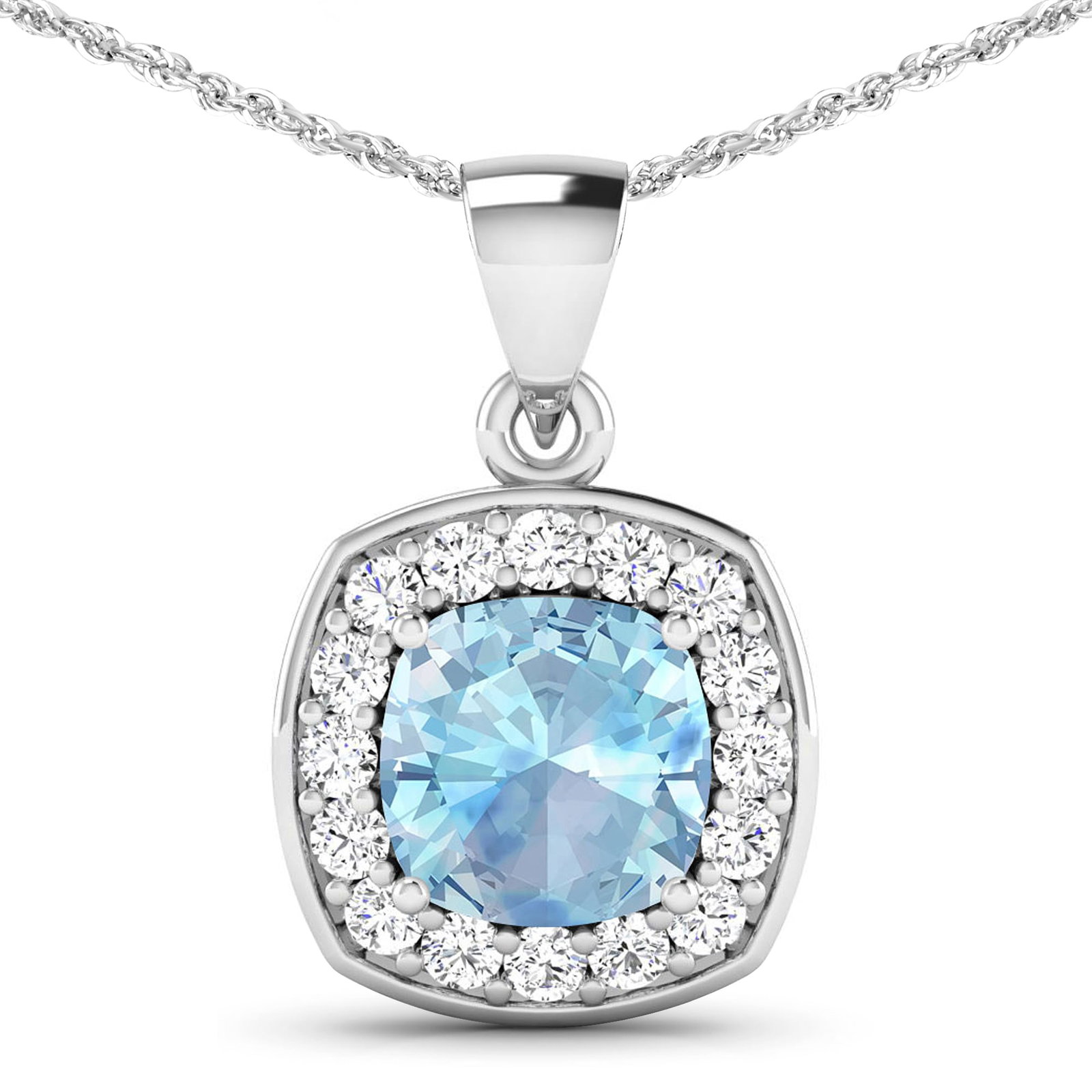 14KT White Gold 1.70ct Aquamarine and Diamond Pendant with Chain: 1 Cushion cut Aquamarine stone with a total weight of 1.70cts. Aquamarine Cushion 8.00mm - 1Pc + White Diamond F/C Round 2.00mm - 16Pcs ( Diamond Quality : SI-2/HI ). Diamonds with a total weight of 0