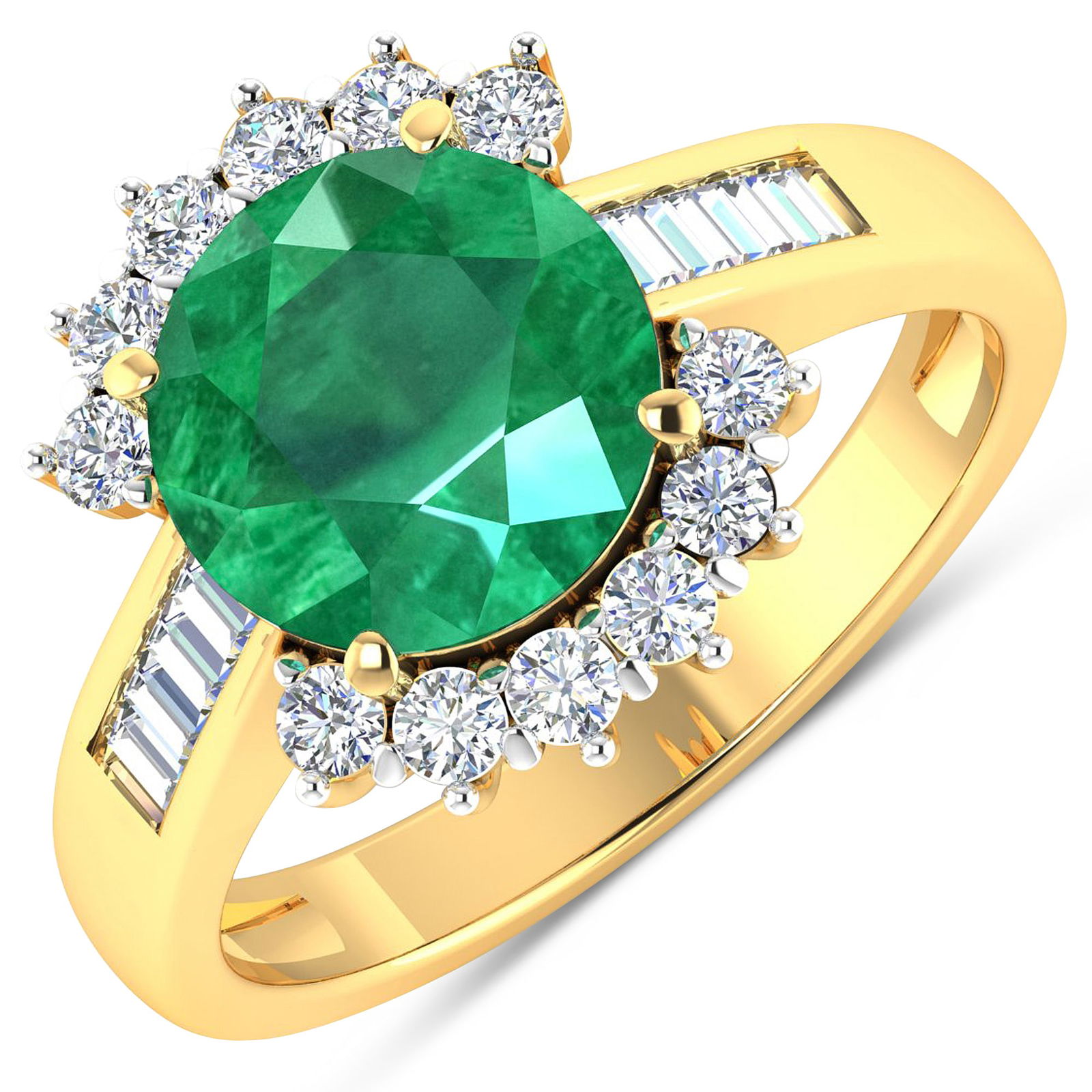 14KT Yellow Gold 2.75ct Zambian Emerald and Diamond Ring: Zambian Emerald (AA) Round 9.00mm - 1Pc + White Diamond Baguette 2.00x1.50mm - 8Pcs + White Diamond F/C Round 2.00mm - 12Pcs ( White Pan Rhodium ) ( Diamond Quality : SI-2/HI ). Total weight of gemsto