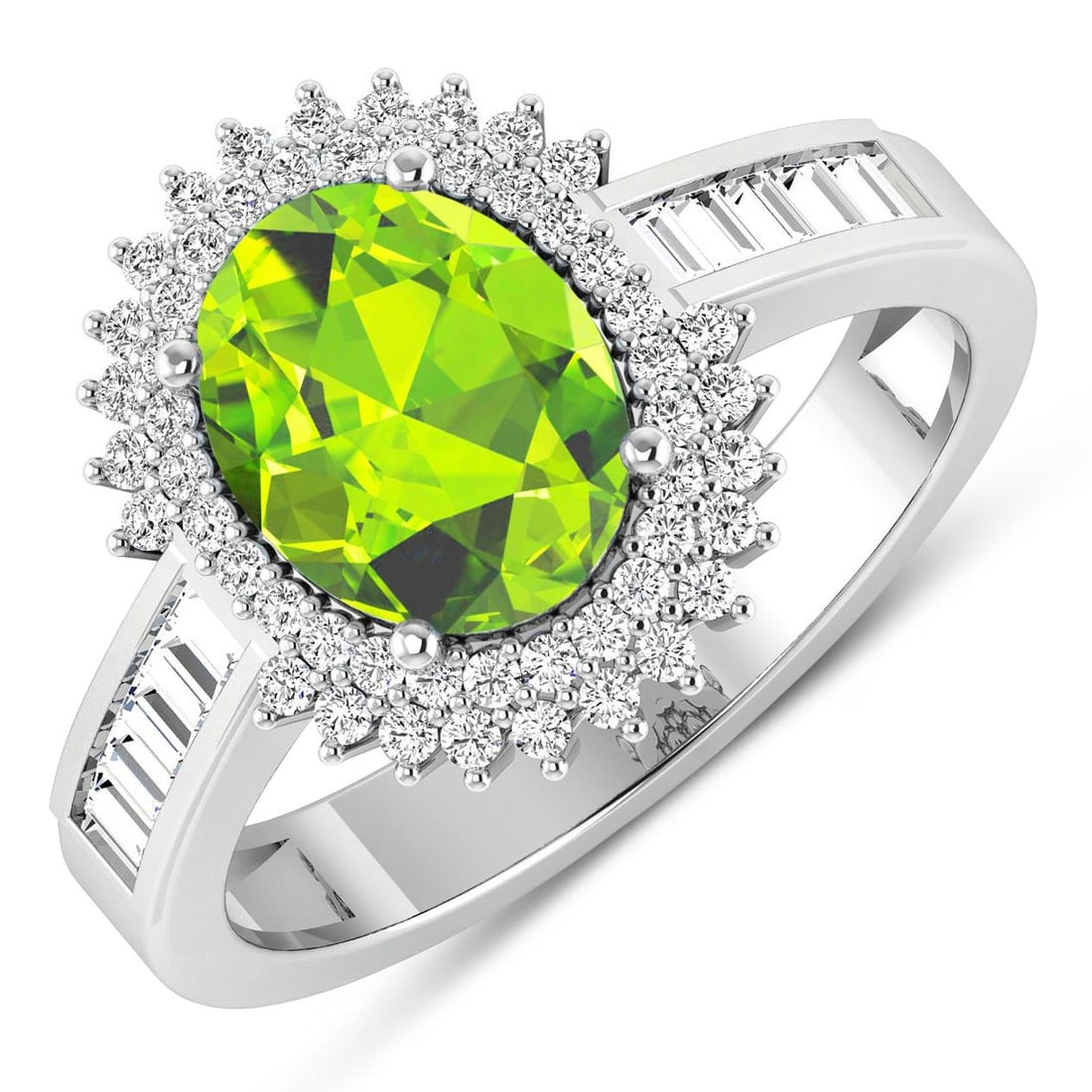 14KT White Gold 1.6ctw Peridot and Diamond Ring: Peridot Oval 9x7mm - 1Pc + White Diamond Baguette 2.00x1.50mm - 10Pcs + White Diamond F/C Round 1.00mm - 52Pcs ( SI-2/HI ) Total weight of gemstone is 1.6cts. Total Diamond weight is 0.52cts. Total we