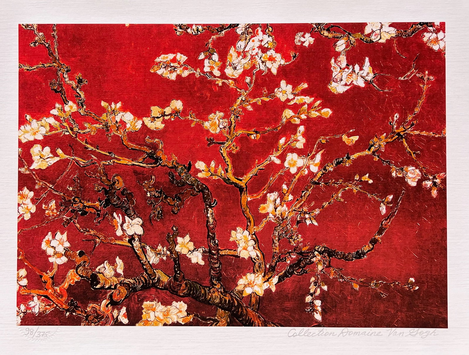 Vincent Van Gogh RED ALMOND BLOSSOMS Estate Signed Limited Edition Giclee: This is a VINCENT VAN GOGH (ESTATE COLLECTION DOMAINE) reproduction giclee titled “ALMOND BLOSSOMS – RED”. This piece is pencil signed on the lower right as ‘Collection Domaine Van Gogh’